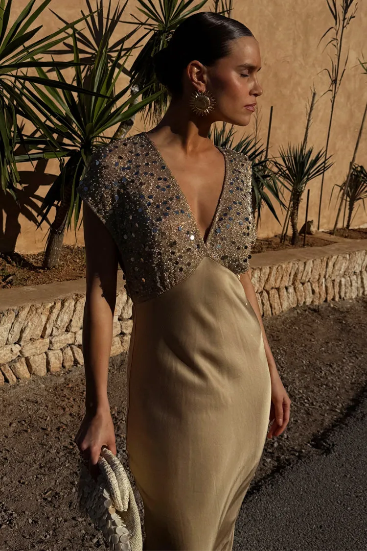 Smooth-Finish Tailored Layers Gold Sequin Elodie Dress