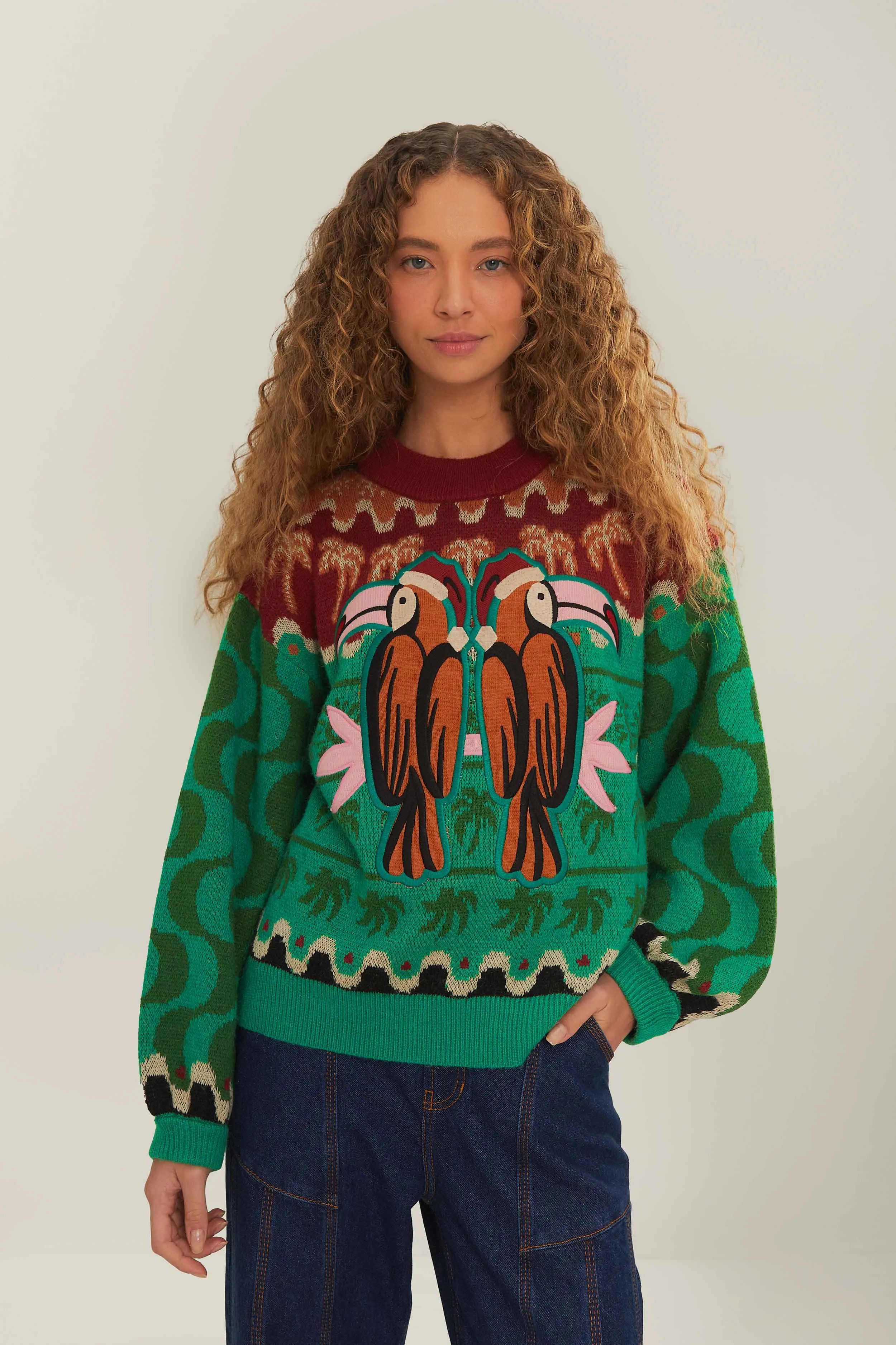 Green Christmas Toucans Knit Sweater LowProfile Stitching
