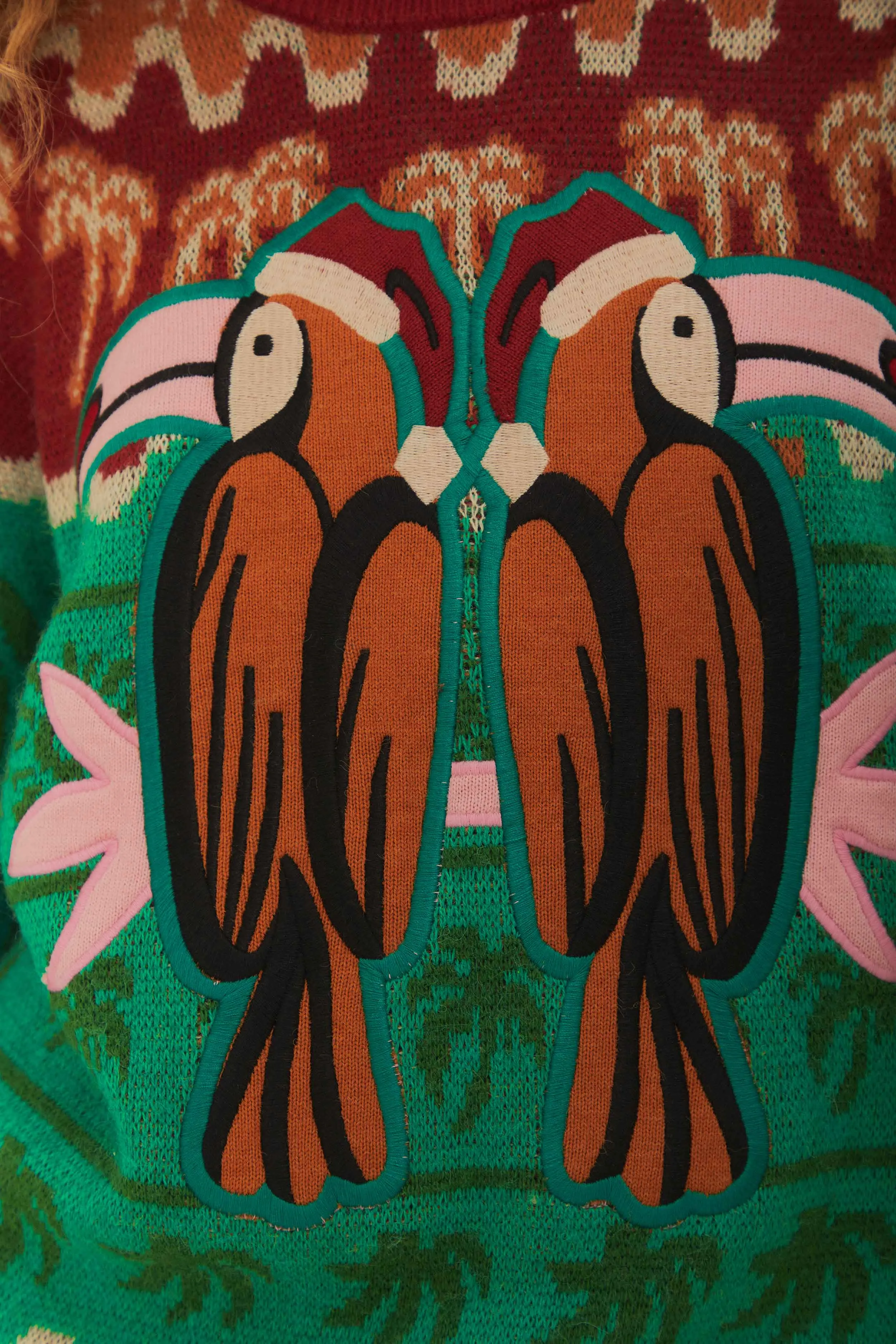 Green Christmas Toucans Knit Sweater Subtle Details