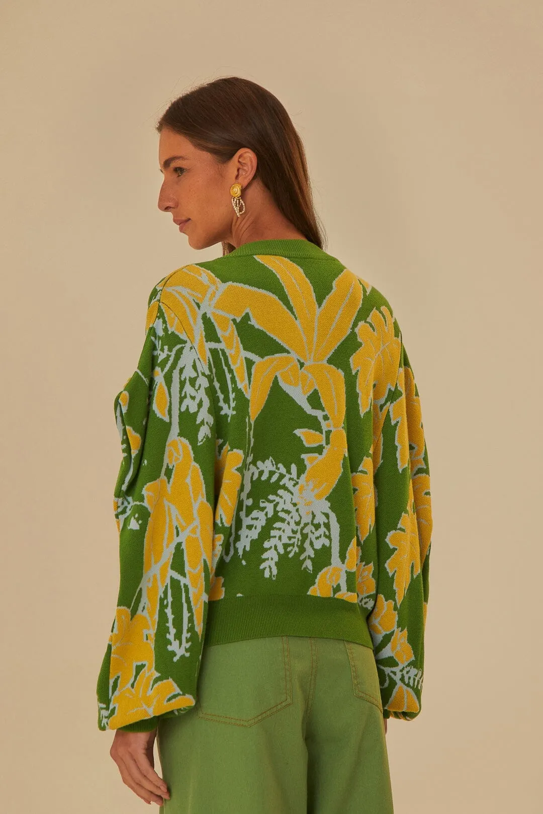 Green Foliage Sketch Knit Cardigan HighDensity Weave GarmentDyed Finish