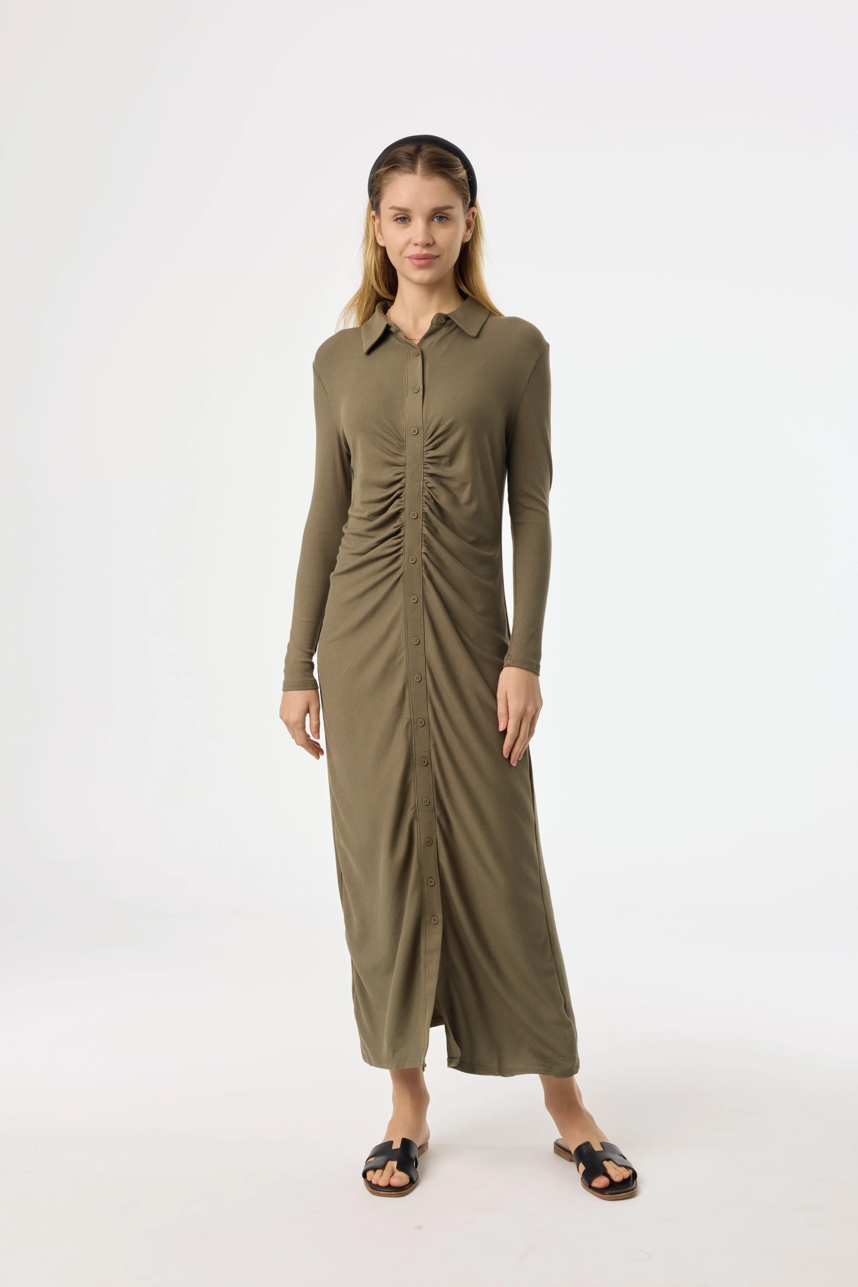 Street Ready Green Ruched Cardi Maxi Dress