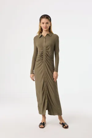 Street Ready Green Ruched Cardi Maxi Dress