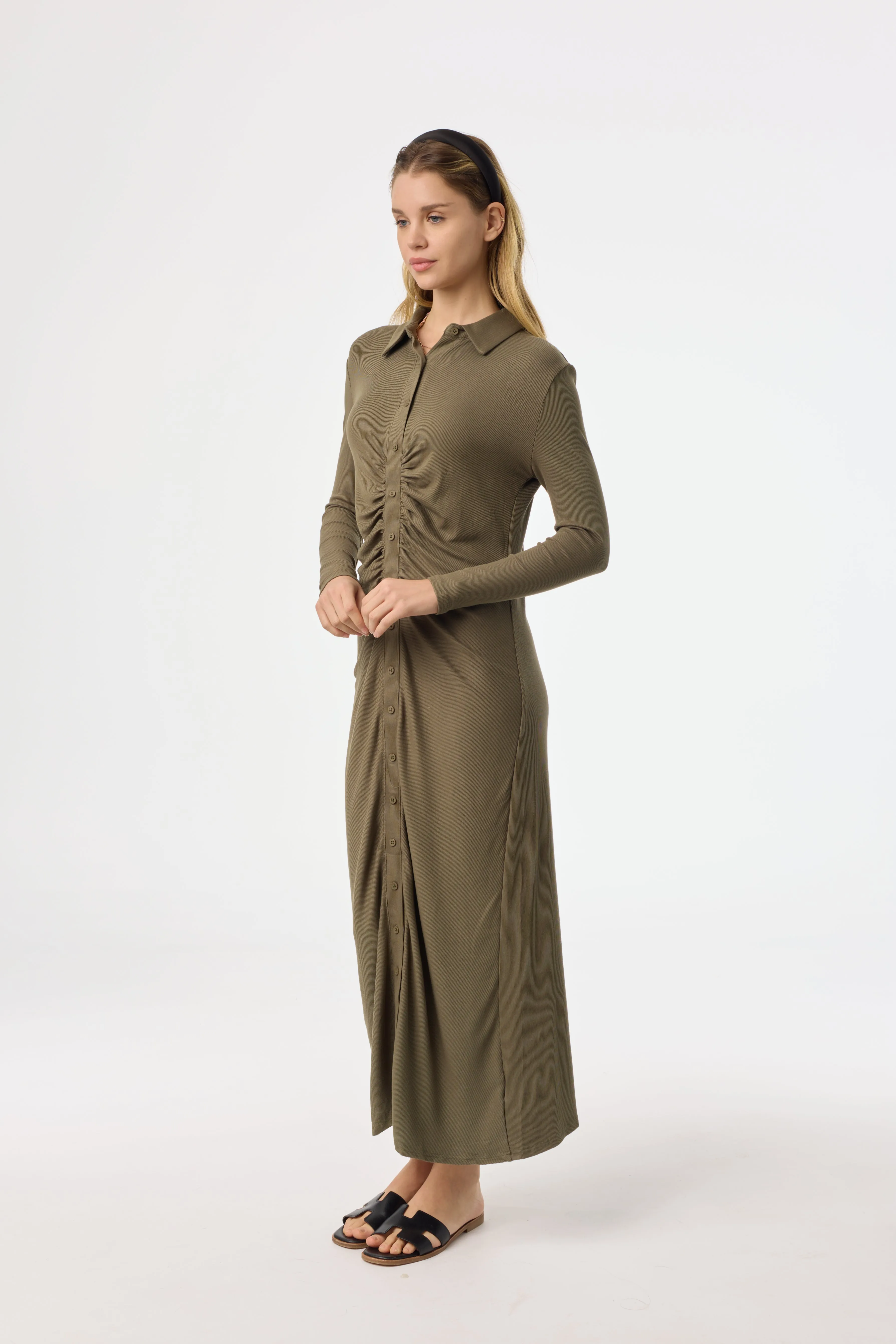 Green Ruched Cardi Maxi Dress Trend Glow High Cut