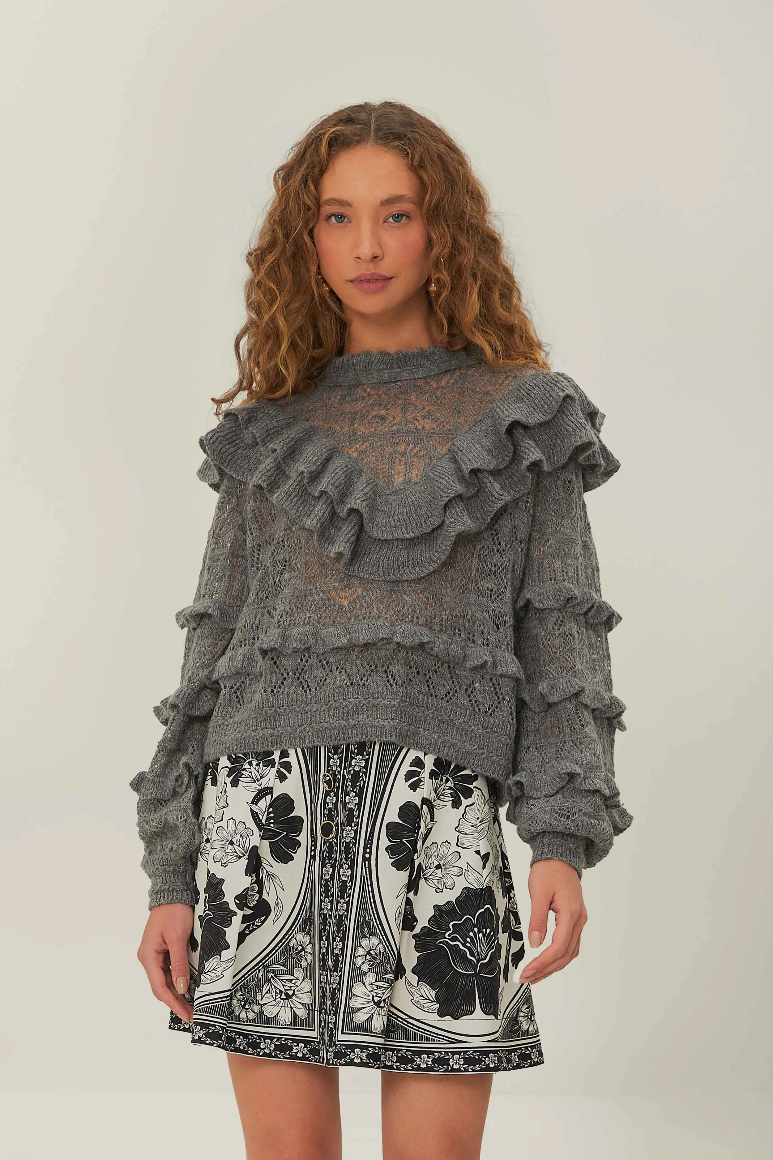 Grey Ruffles Knit Sweater Daily Essential