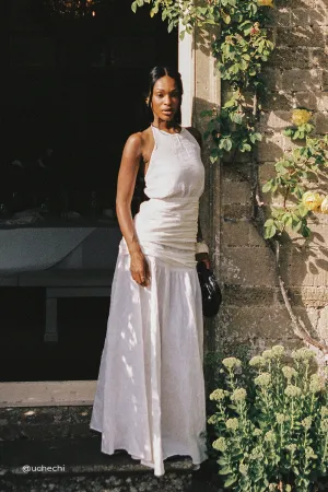 HALLIE WHITE LINEN MIDI SKIRT Erasable Crease