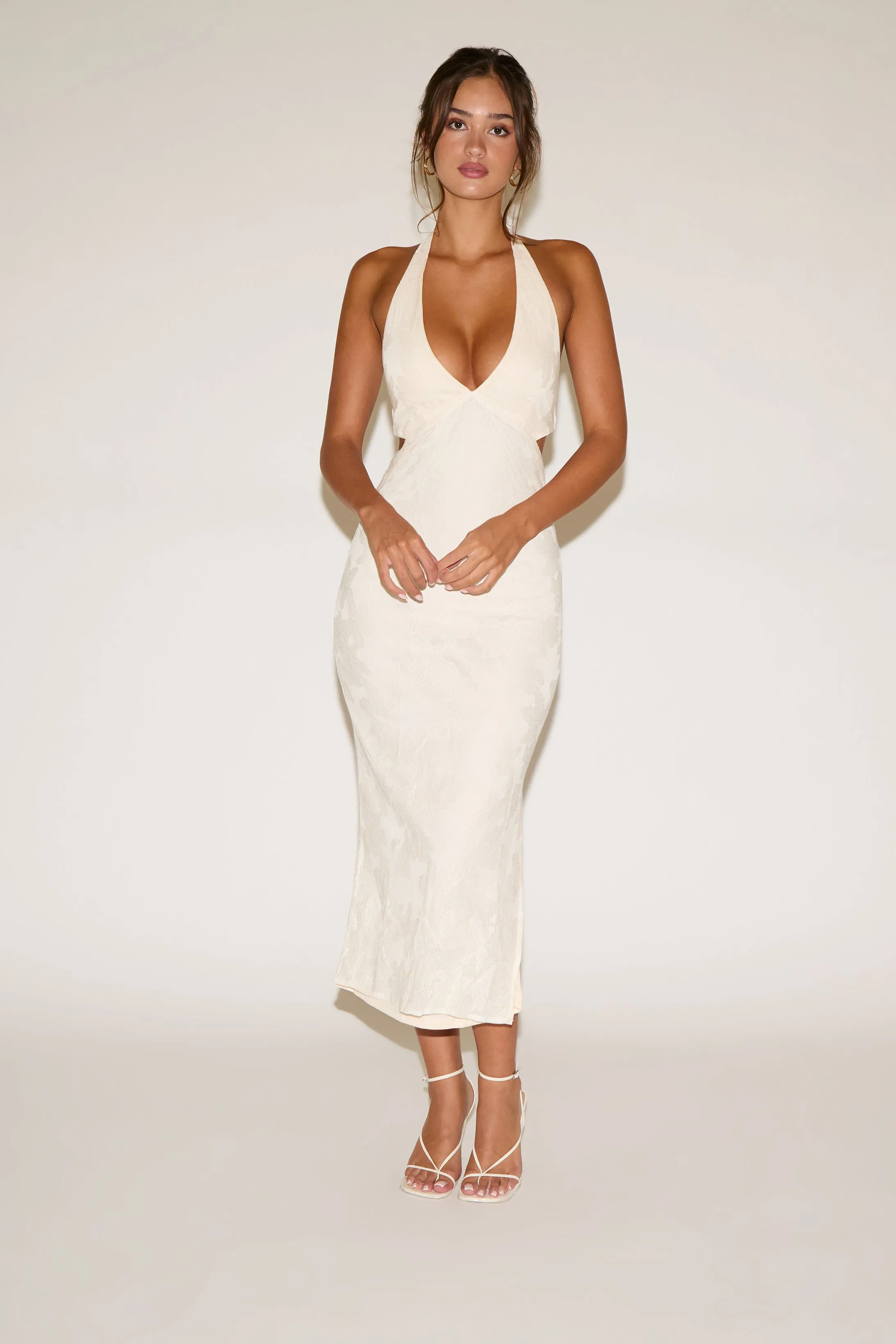 HALTER NECK SIDE CUTOUTS LACE OVERLAY MAXI DRESS Easy Vibe