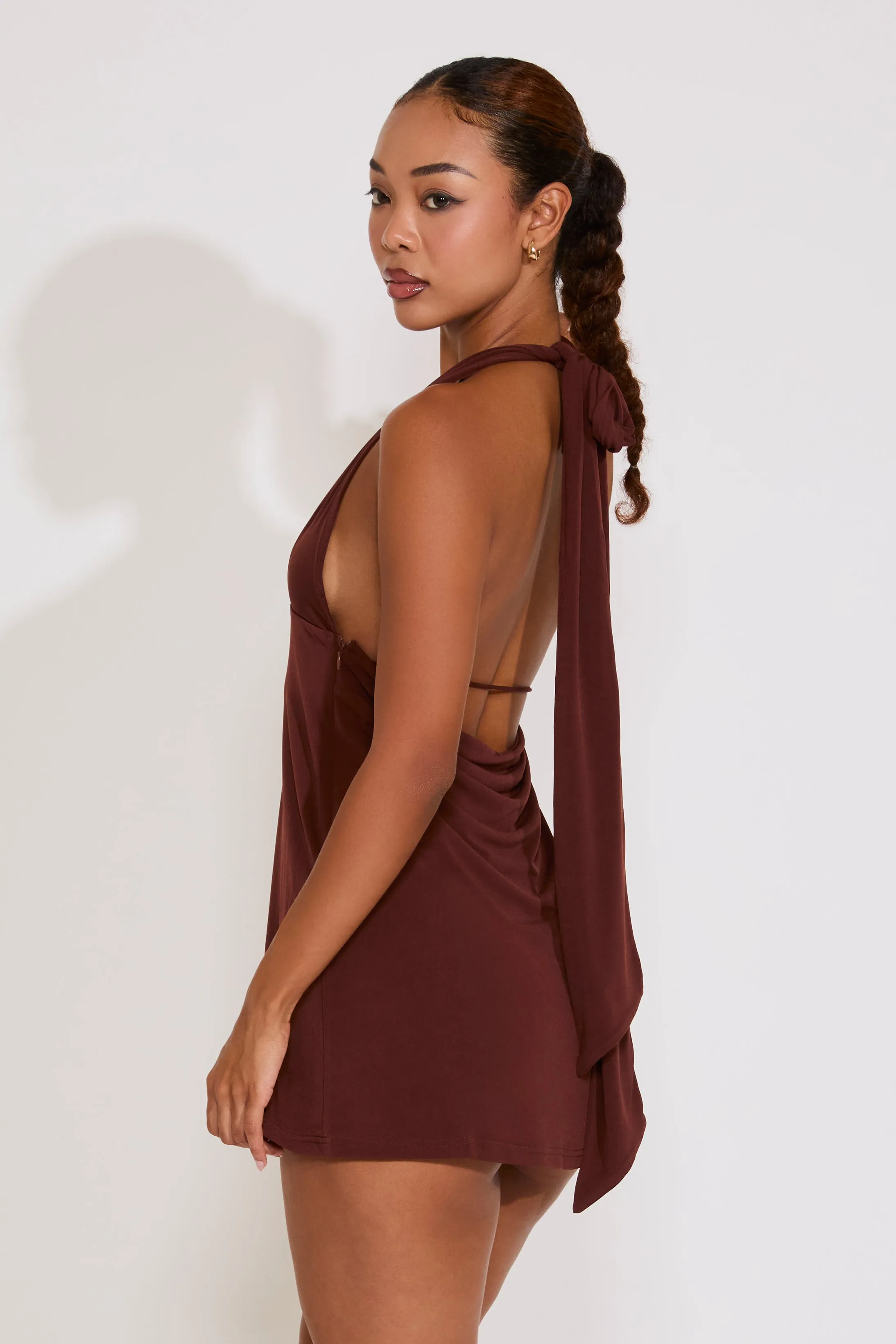 Minimal Fit All Season Style HALTER PLUNGING NECKLINE SLINKY MINI DRESS
