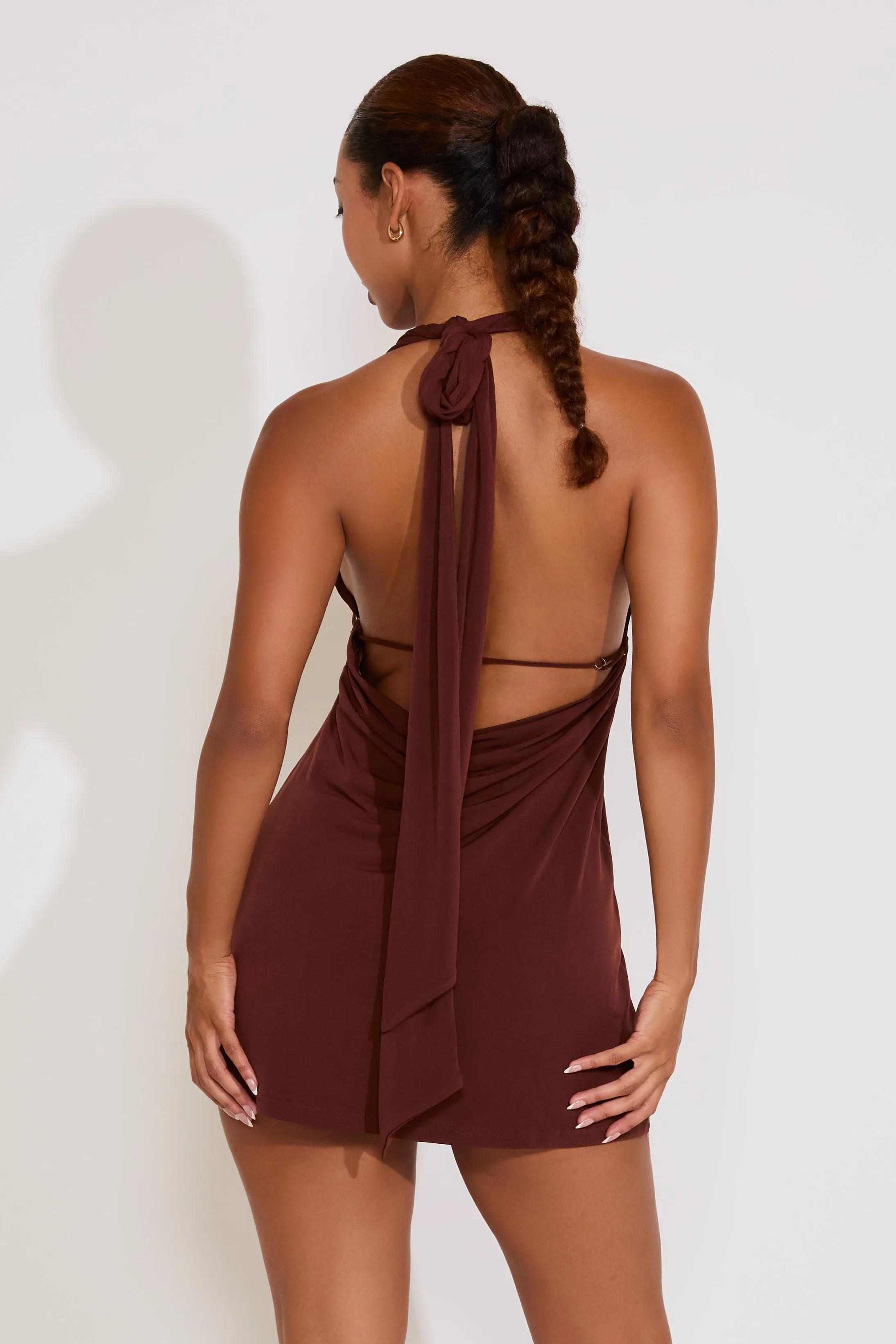 HALTER PLUNGING NECKLINE SLINKY MINI DRESS Bright Petal