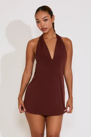 HALTER PLUNGING NECKLINE SLINKY MINI DRESS Brunch Glow Relaxed Wear