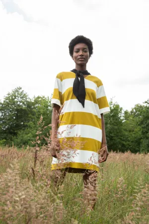 Relaxed Fit Look Theater-Night Sasha-Sue Organic Cotton Dress in Olive and White Bold Stripe