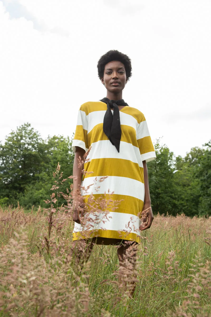 Relaxed Fit Look Theater-Night Sasha-Sue Organic Cotton Dress in Olive and White Bold Stripe