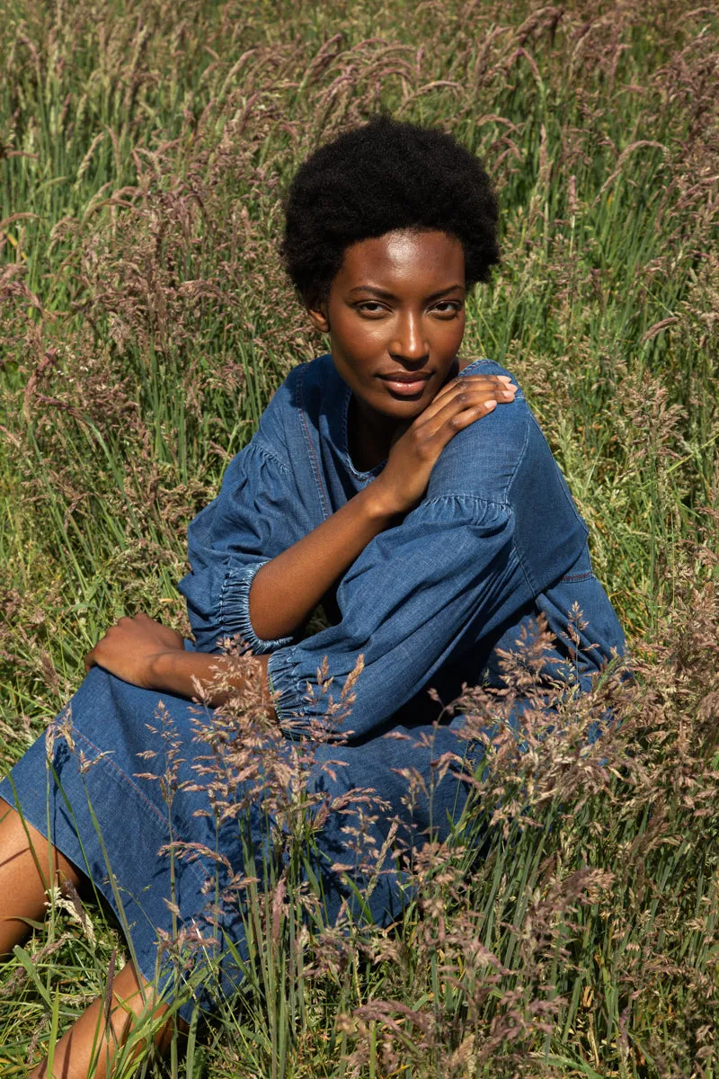 Harumi-Leigh Organic Cotton Denim Dress in Mid Blue Delicate Touch