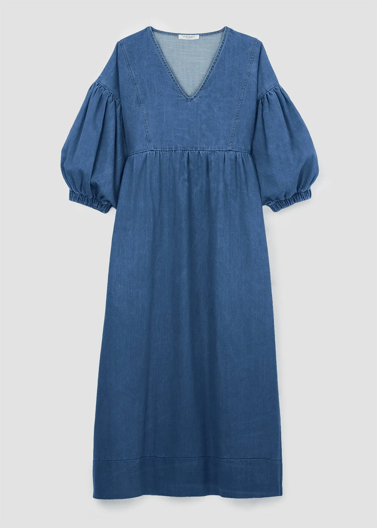 High-Fashion Happy Glow Harumi-Leigh Organic Cotton Denim Dress in Mid Blue