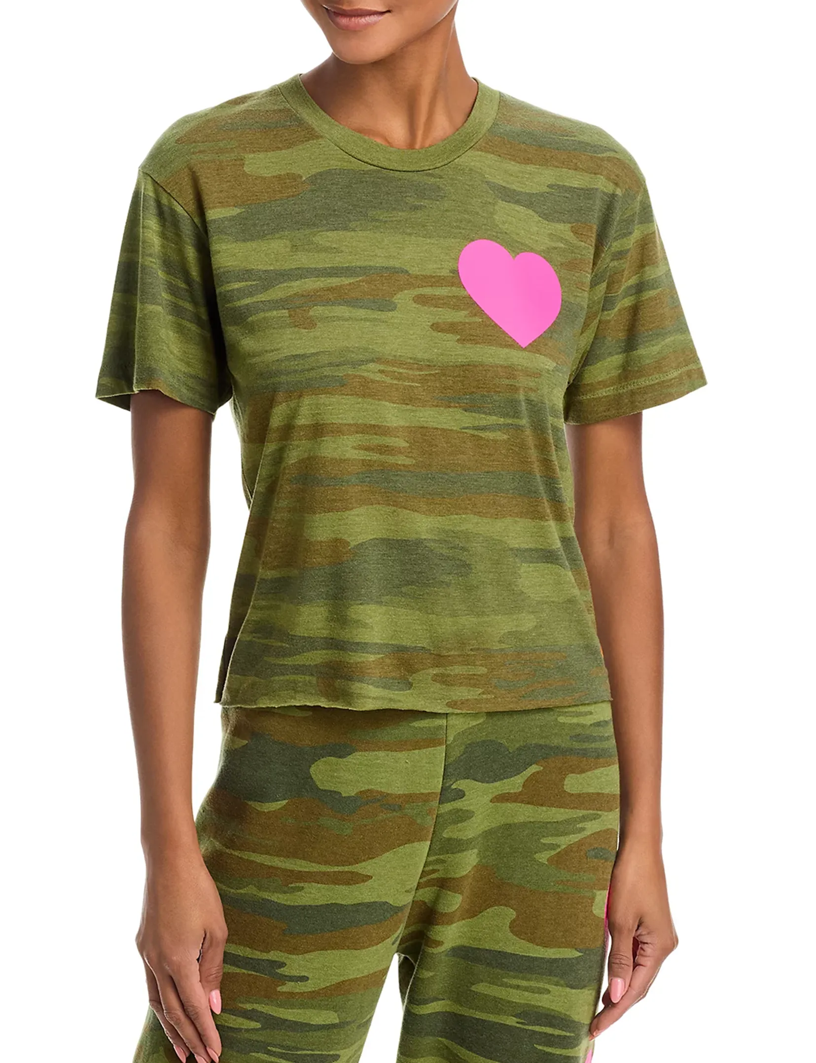 Chic And Comfortable Heart Print Boyfriend Tee, Camo/Neon Pink