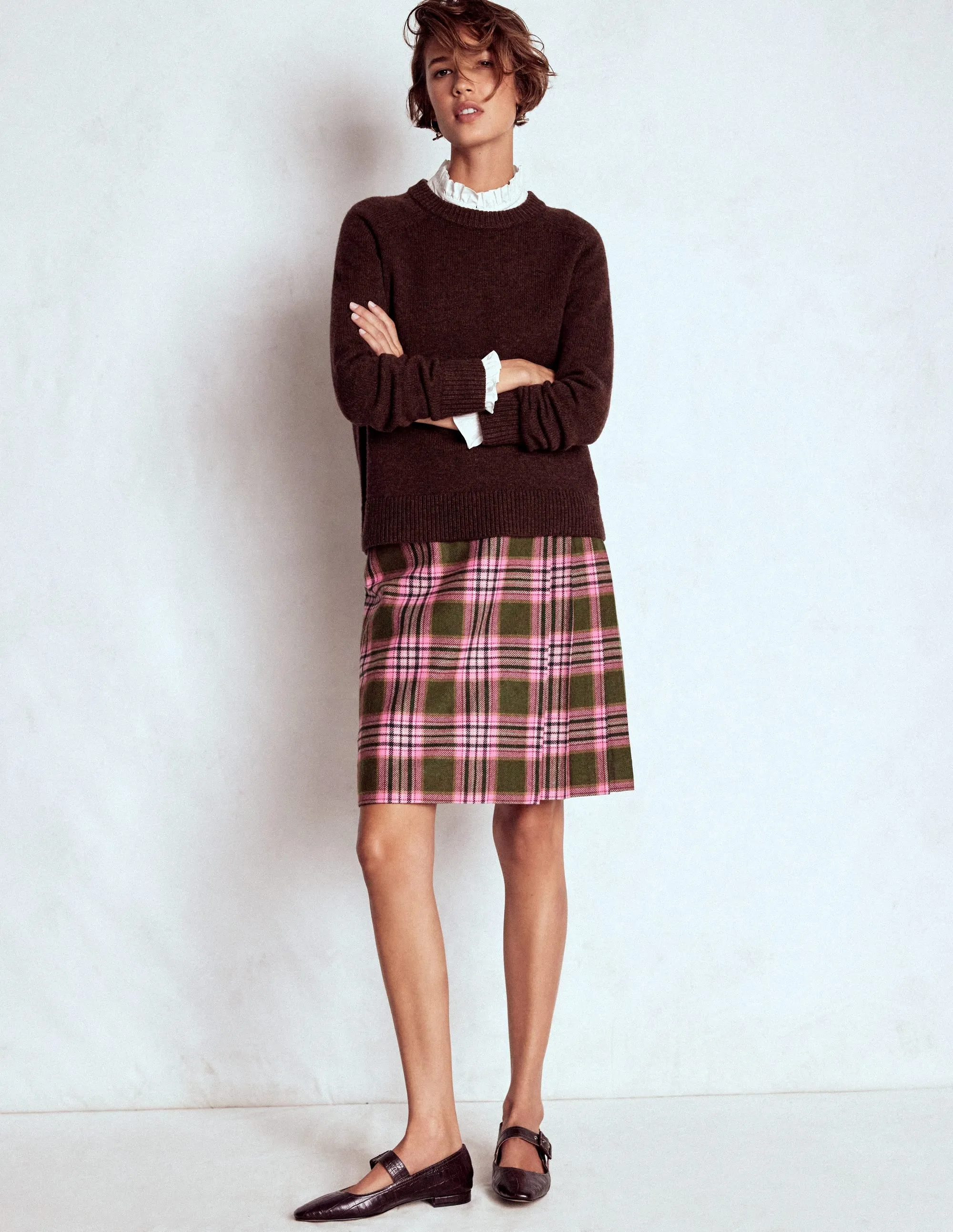 Tiered Layers Helen Wool Kilt Skirt-Olive, Green and Pink Check