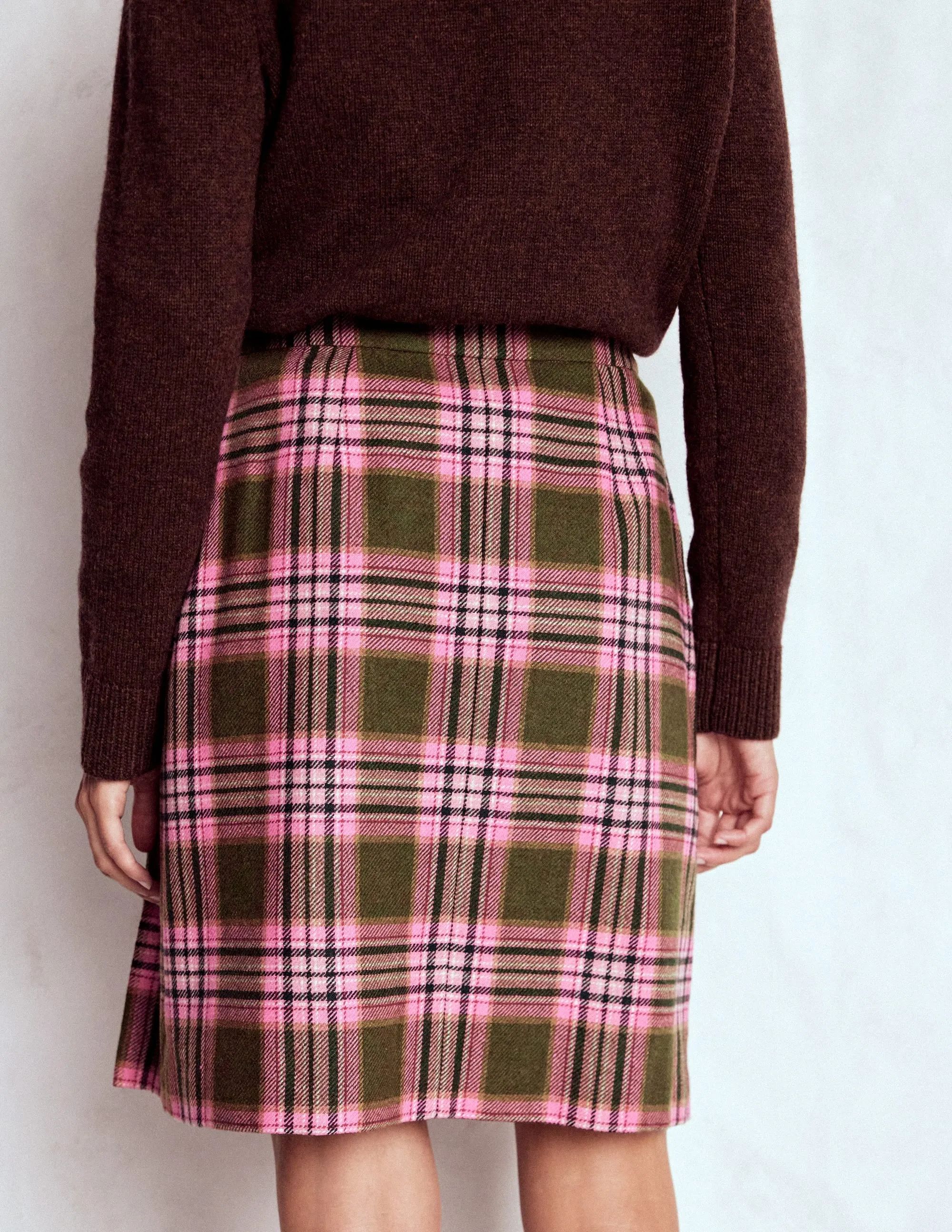 Personality Style Helen Wool Kilt Skirt-Olive, Green and Pink Check