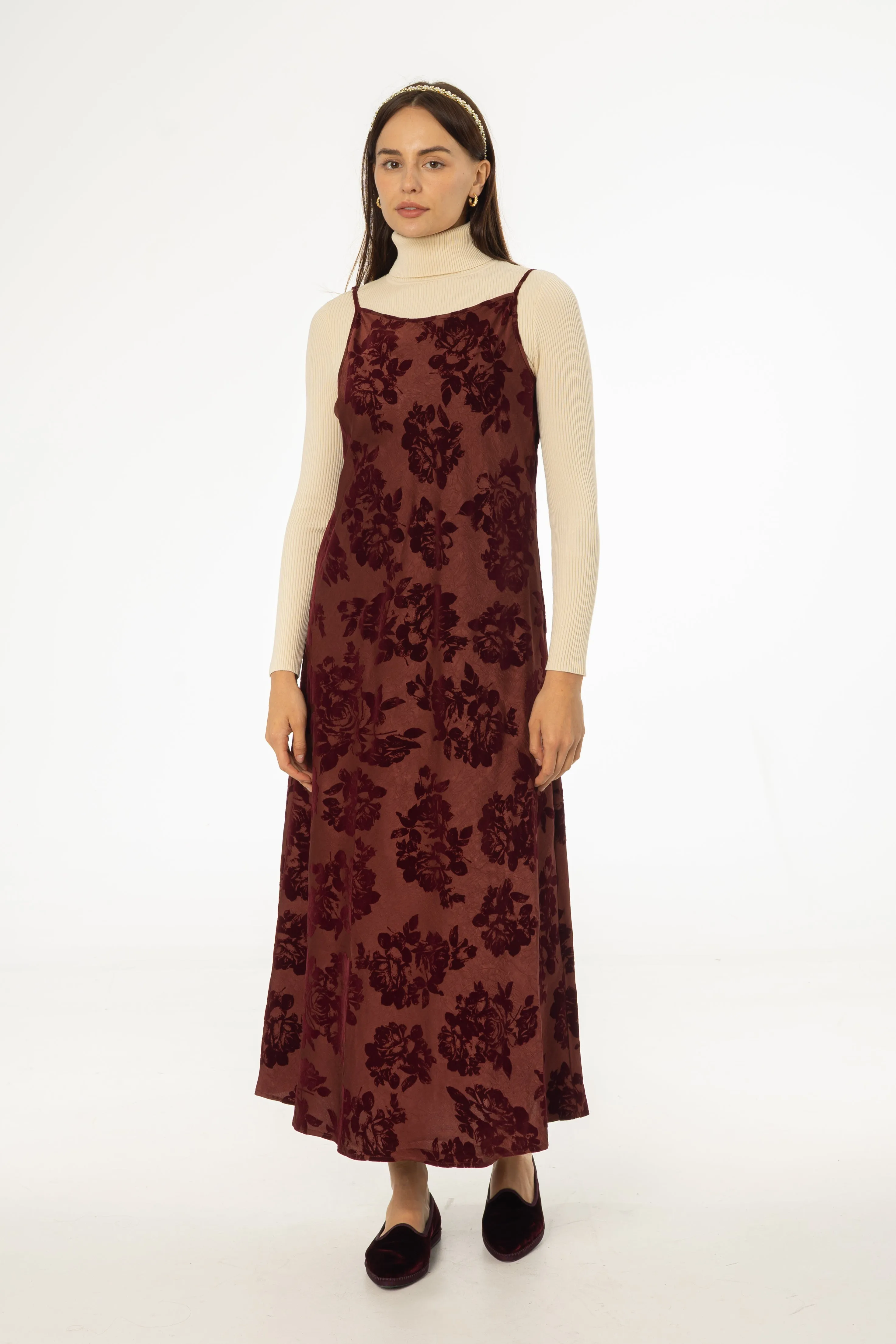 Everyday Piece Burgundy Flower Print Velvet Slip Jumper