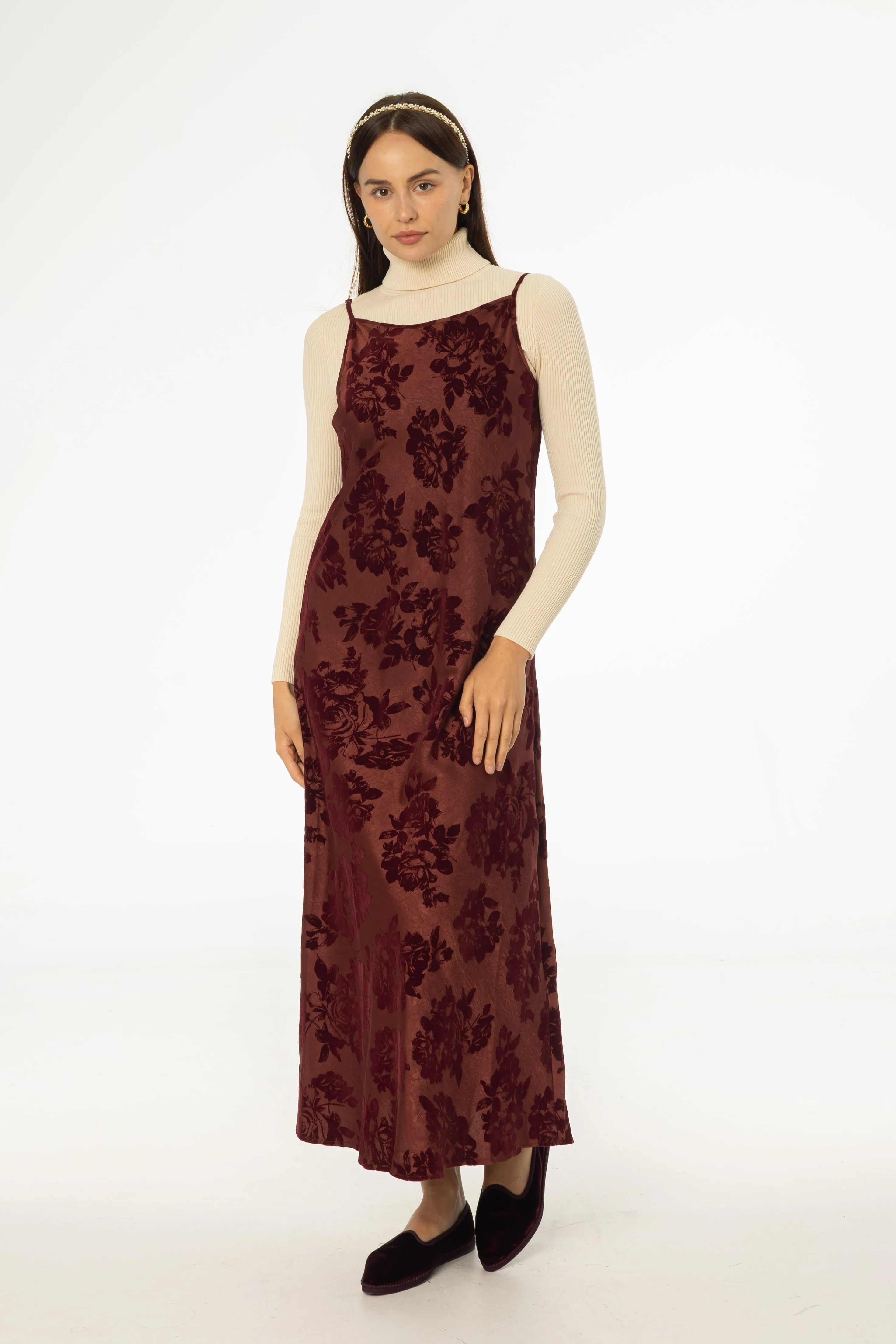 loose silhouette Belt Waist Burgundy Flower Print Velvet Slip Jumper