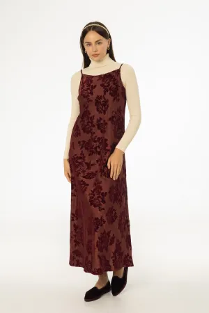 loose silhouette Belt Waist Burgundy Flower Print Velvet Slip Jumper