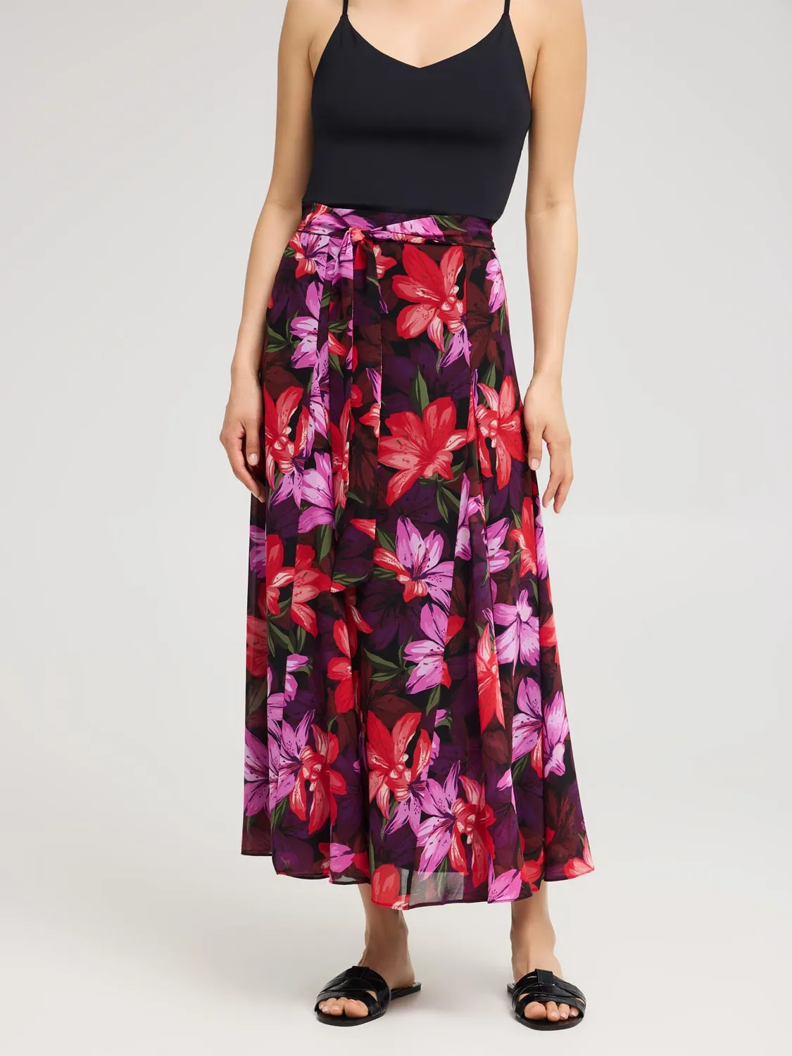 Oversized style Non Irritating Seams Floral Chiffon Long Skirt With Front Sash