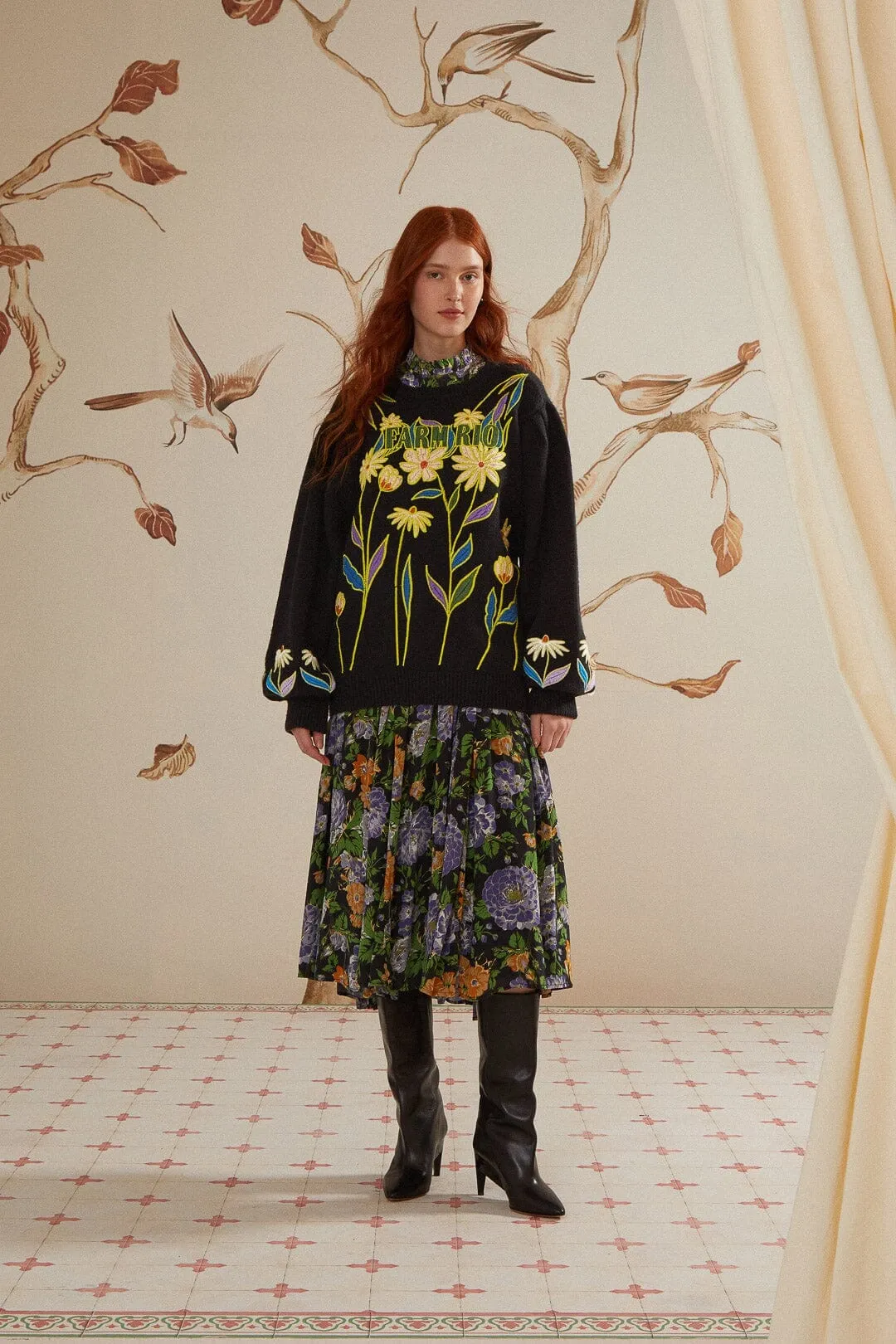 Low Maintenance Knit Black Farm Rio Flowers Embroidered Knit Sweater