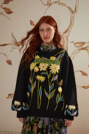 Classic Shape Black Farm Rio Flowers Embroidered Knit Sweater