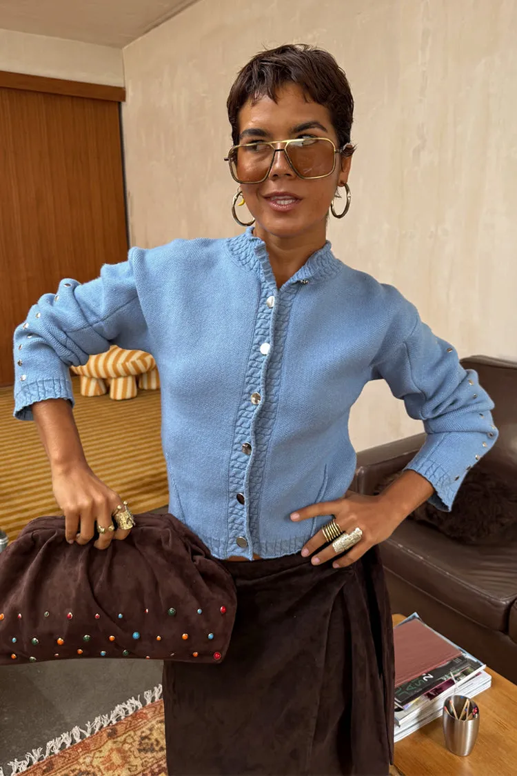 No-Fuss Look Ice Blue Studded Cardigan