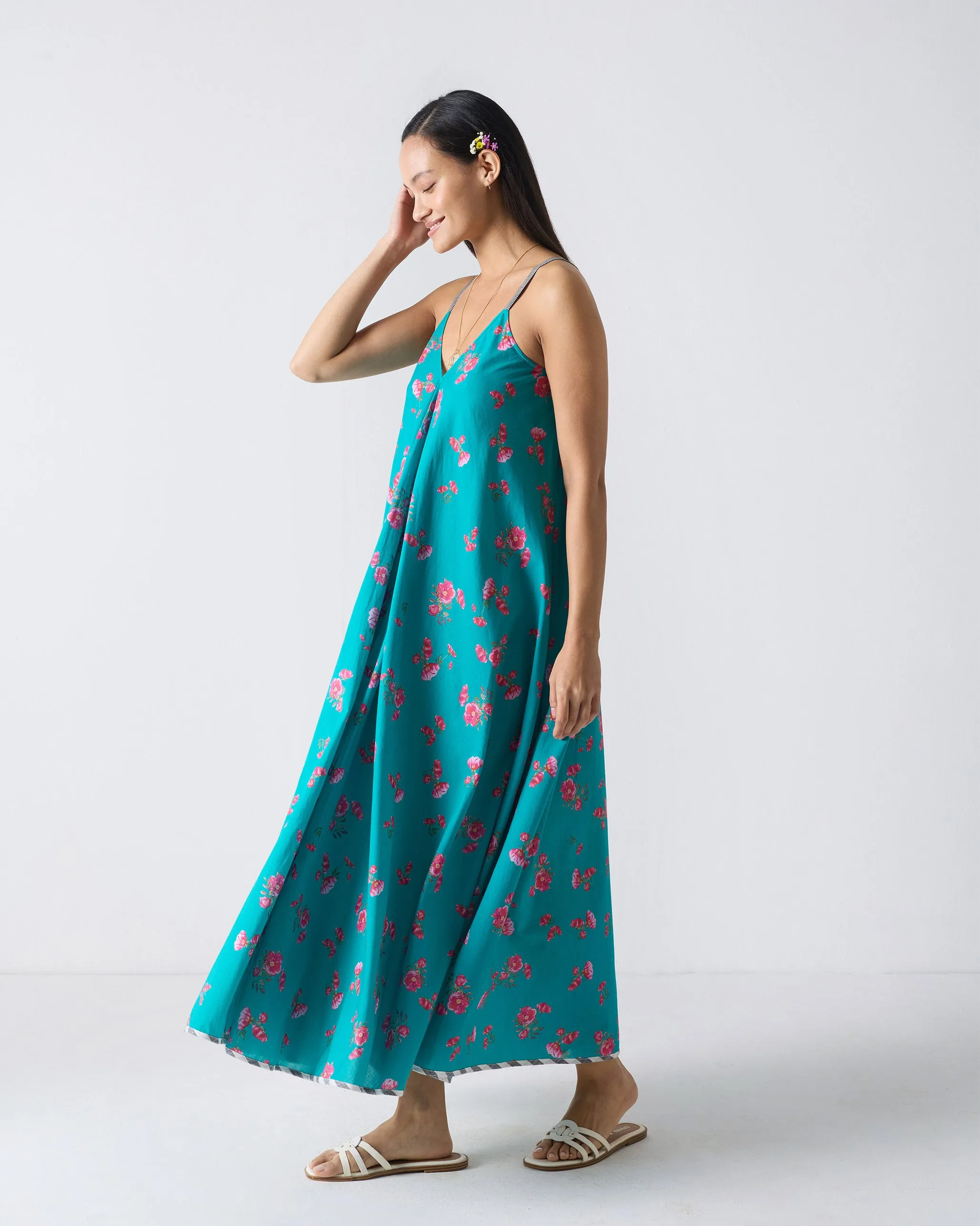 Flow Line Bright-colored piece V-Neck Strappy Dress - Teal & Fuchsia Print