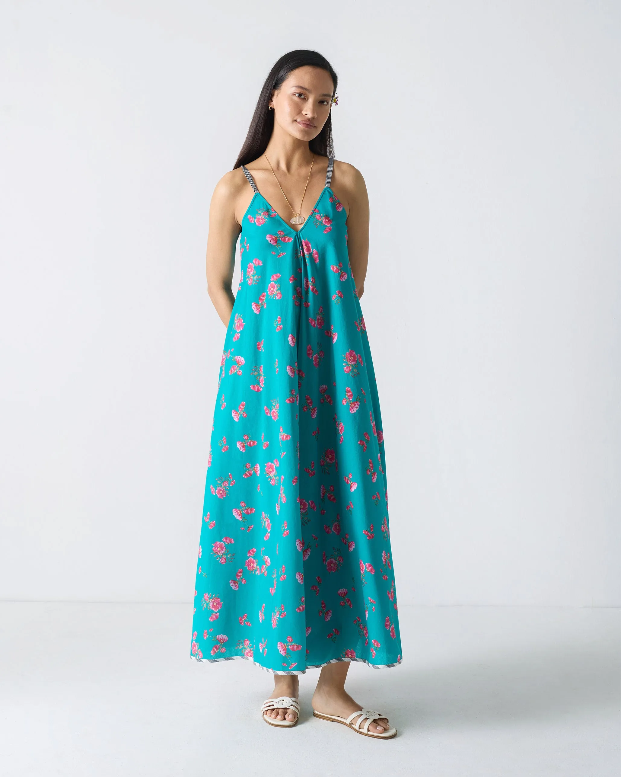 V-Neck Strappy Dress - Teal & Fuchsia Print Flower Grace