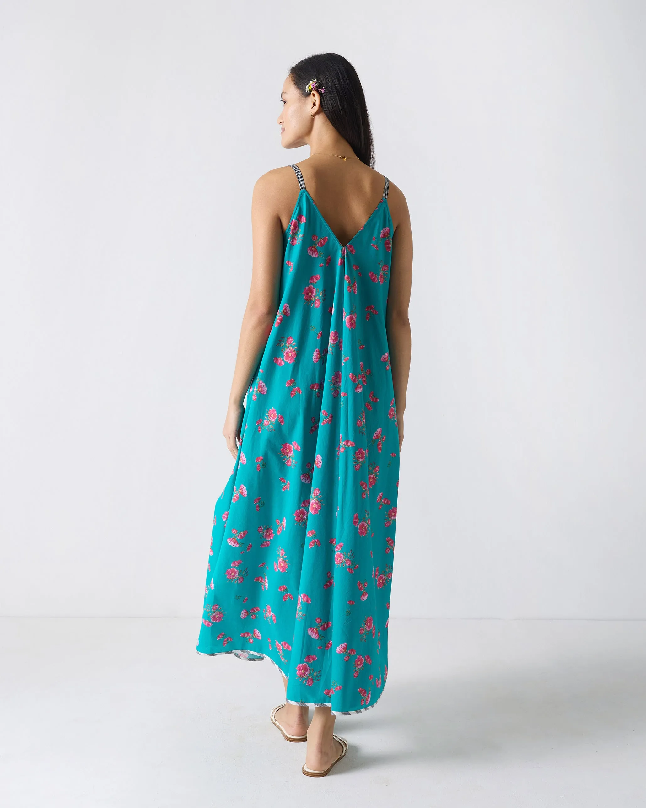 V-Neck Strappy Dress - Teal & Fuchsia Print Light Fit