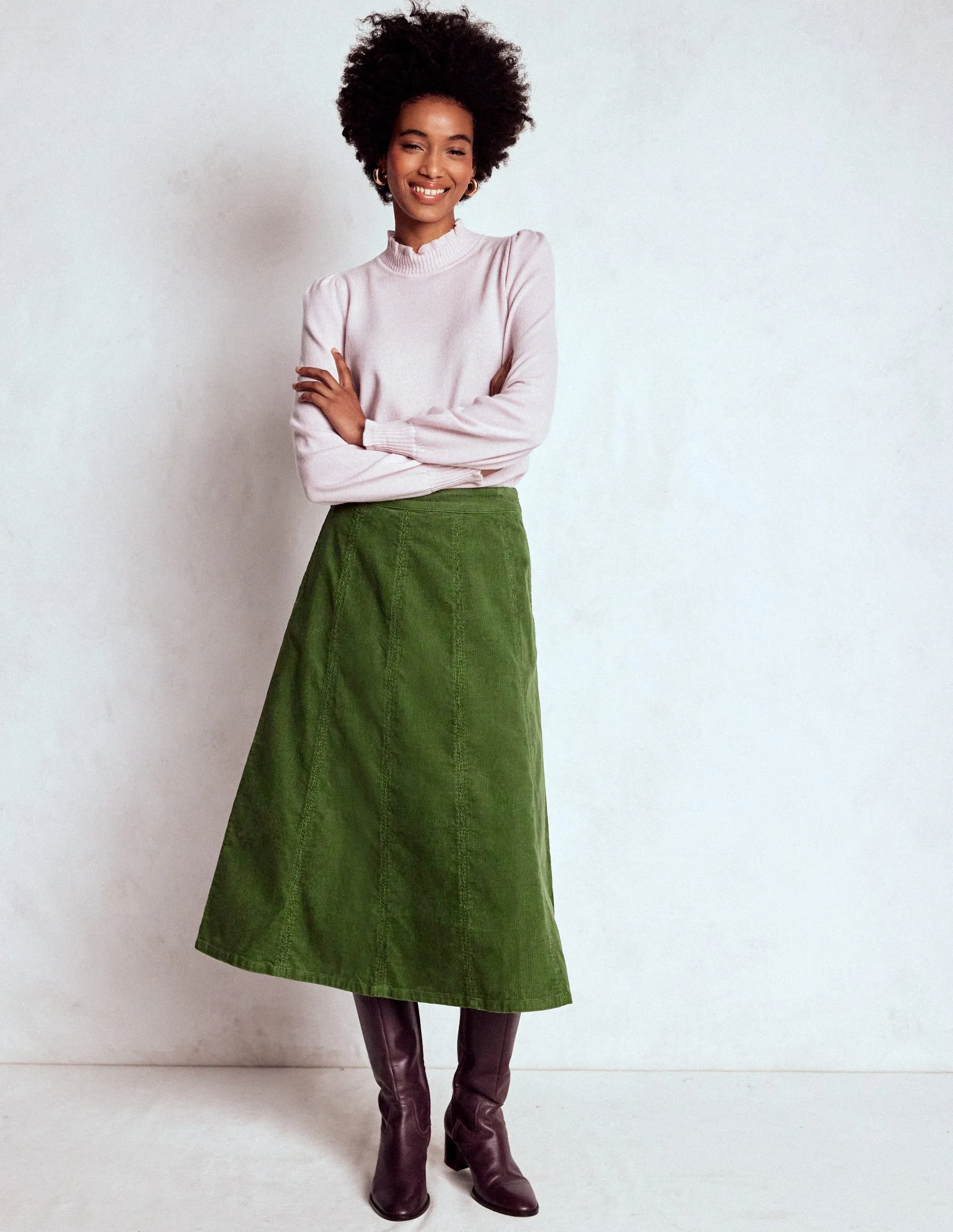 Joy Cord Midi Skirt-Fern Embroidered Detail