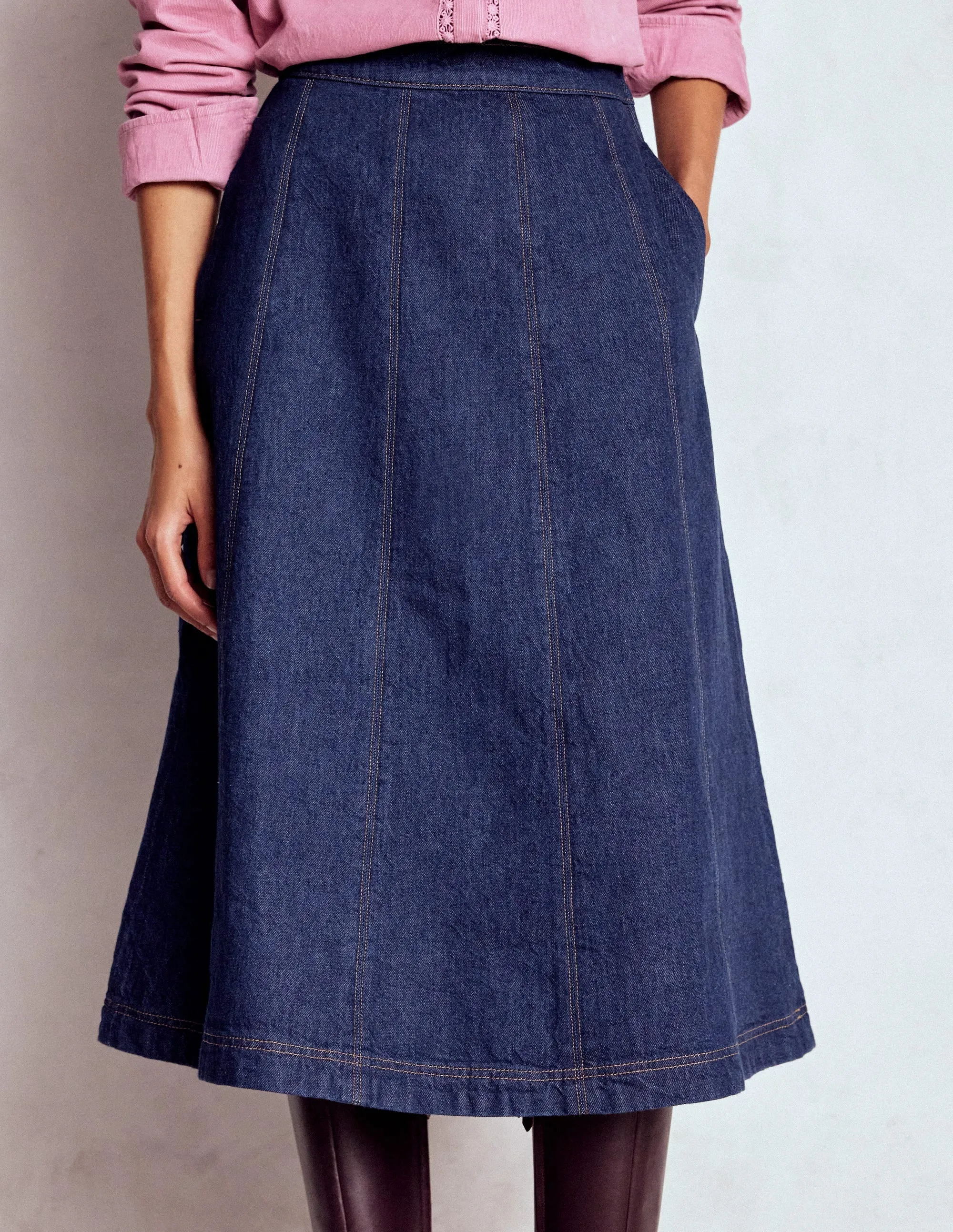 Scalloped Edge Tapered Cut Joy Panelled Denim Skirt-indigo