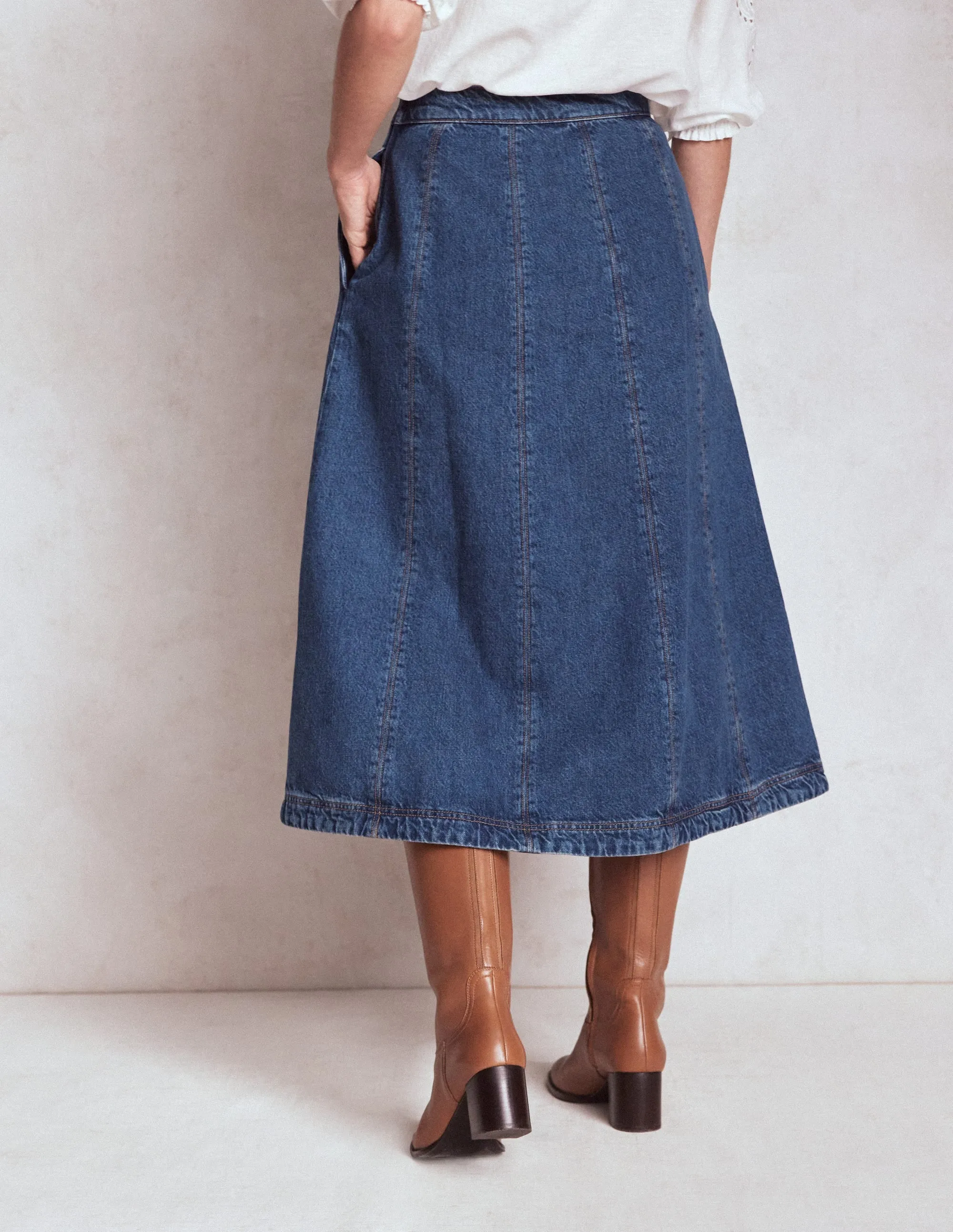 Pocket Design Joy Panelled Denim Skirt-Mid Wash