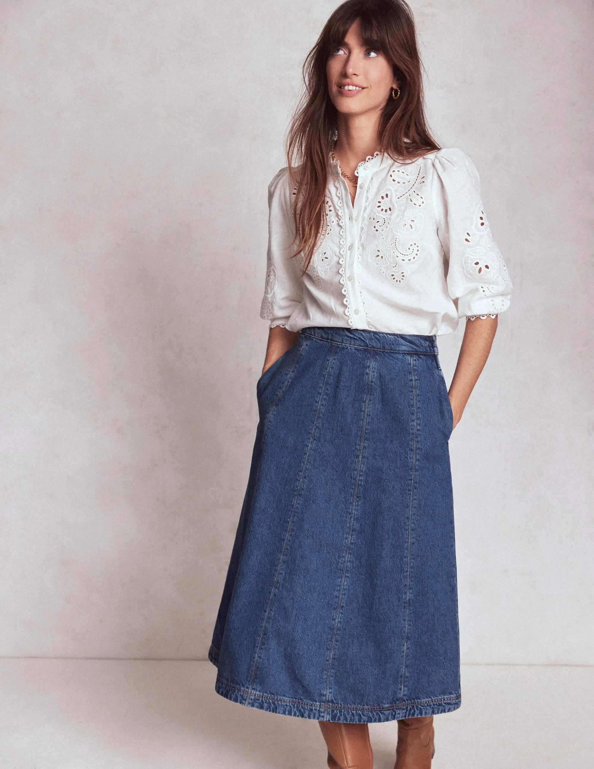 Joy Panelled Denim Skirt-Mid Wash Easy Fit