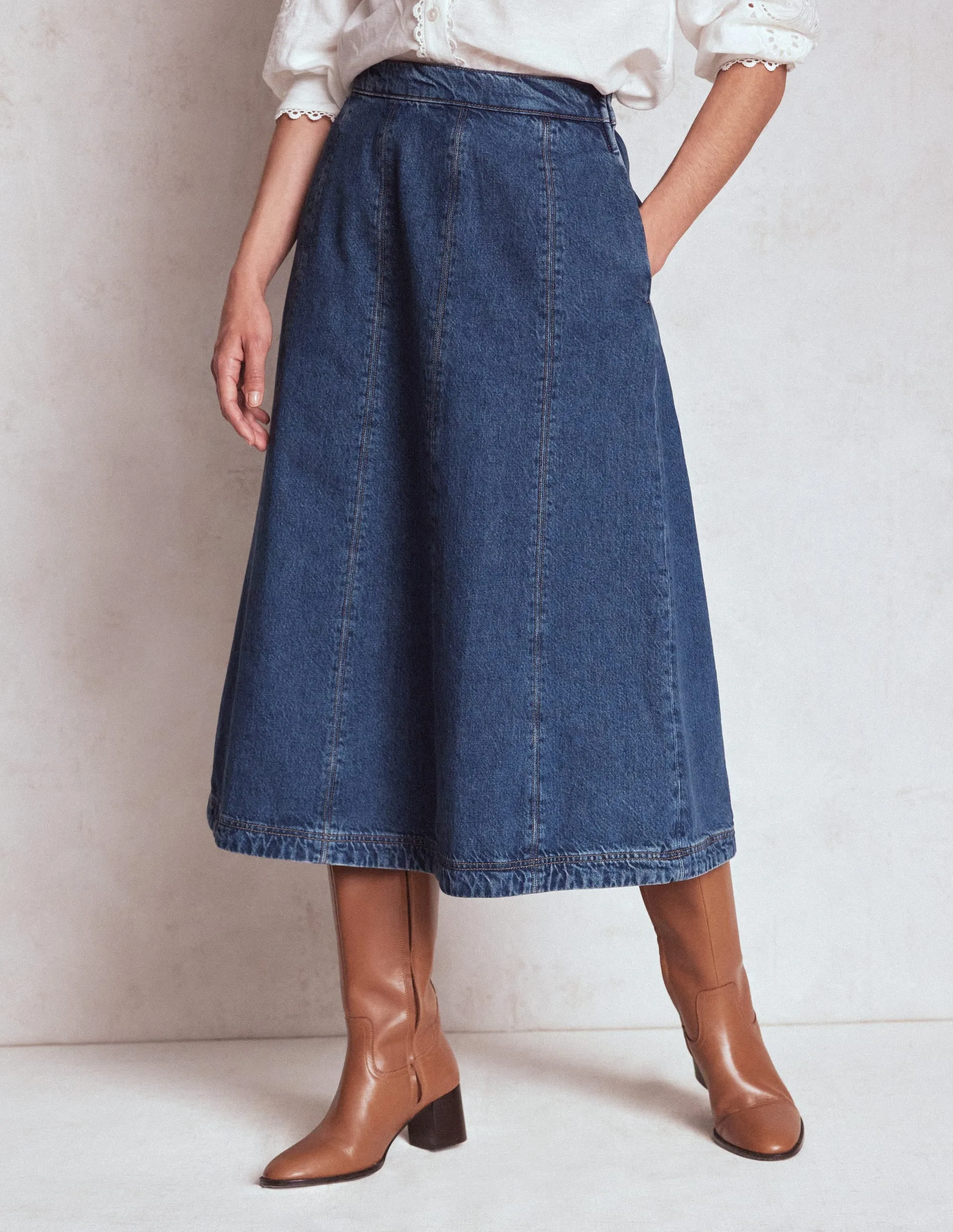 Joy Panelled Denim Skirt-Mid Wash Opaque finish