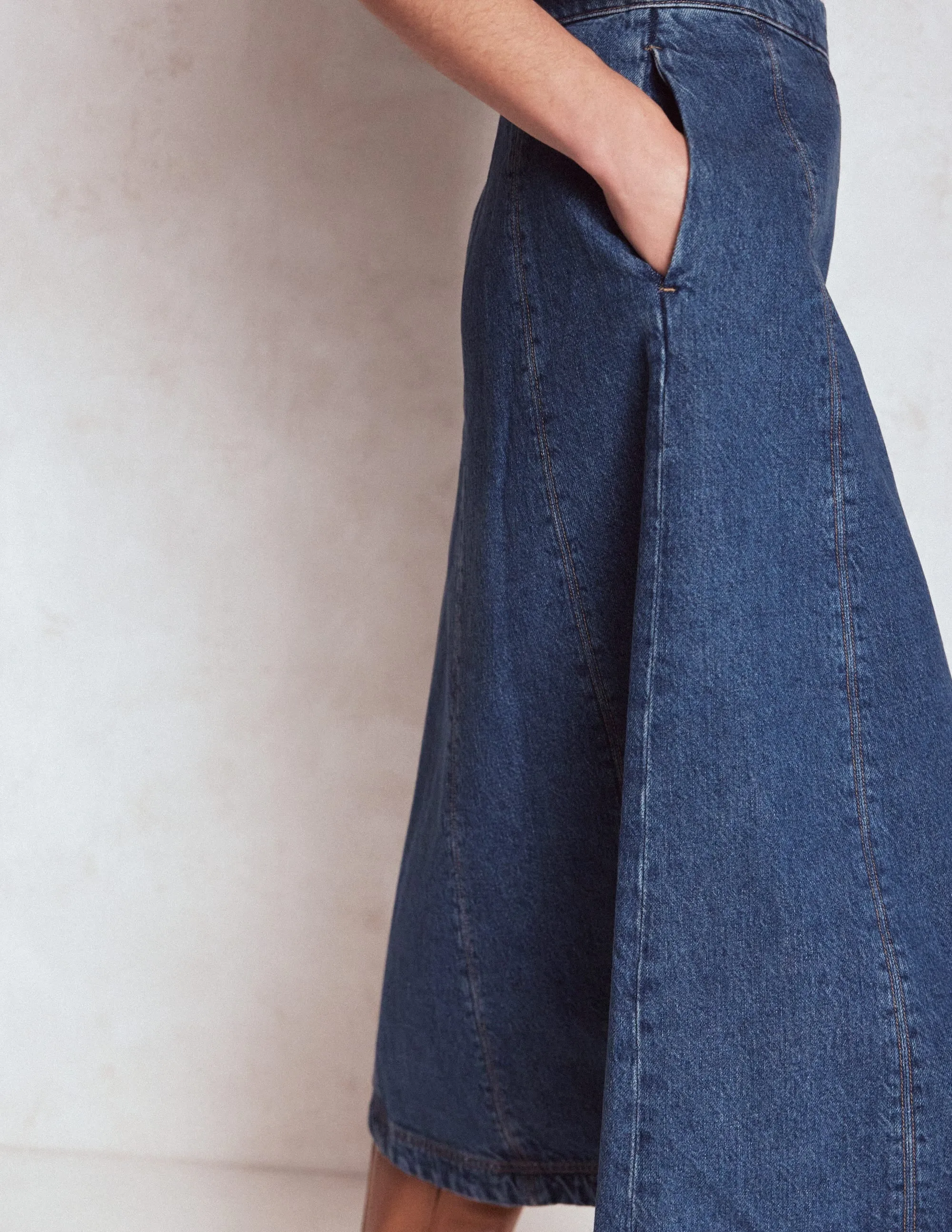 Joy Panelled Denim Skirt-Mid Wash Non Irritating Texture Statement Color