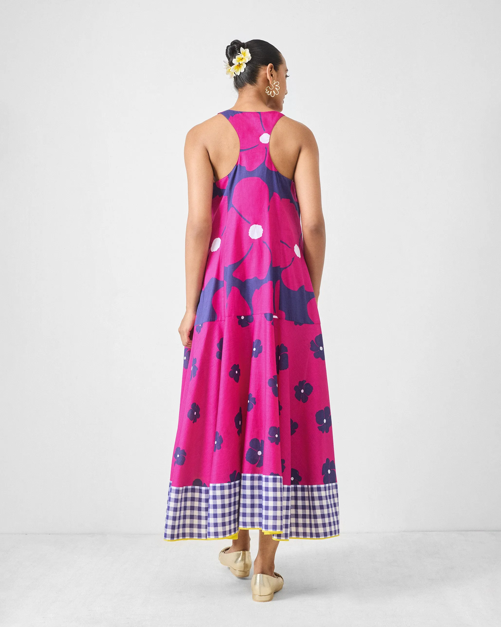 Flattering Style Satin Soft Karibu Dress - Fuchsia & Purple Printed