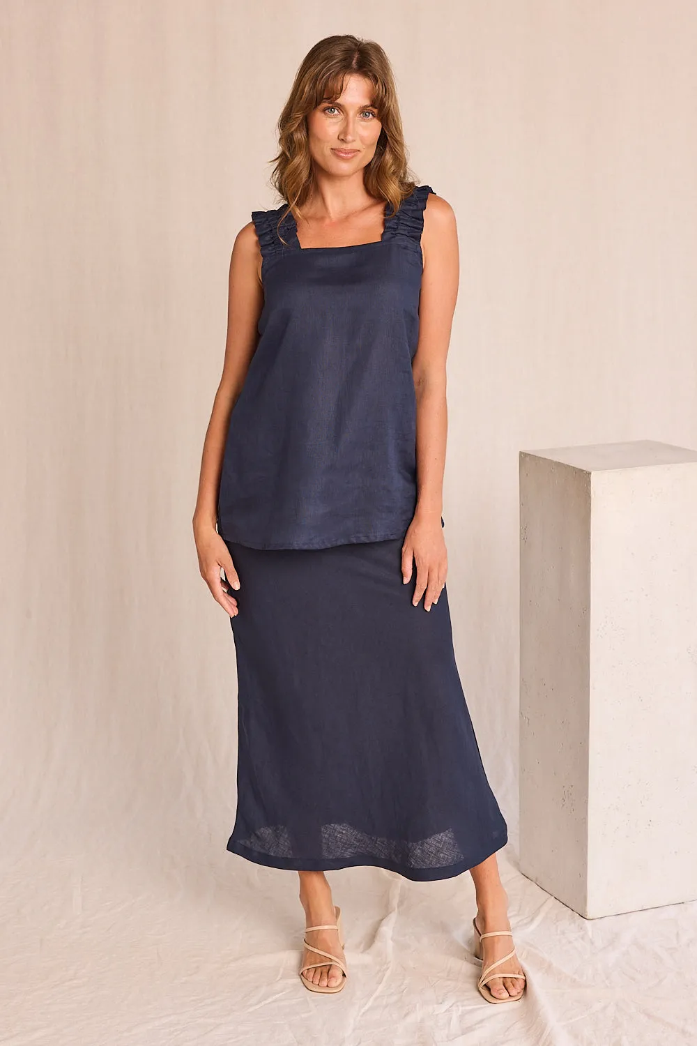 Katie Bias Cut Linen Skirt in Navy Cozy Finish Texture Focus
