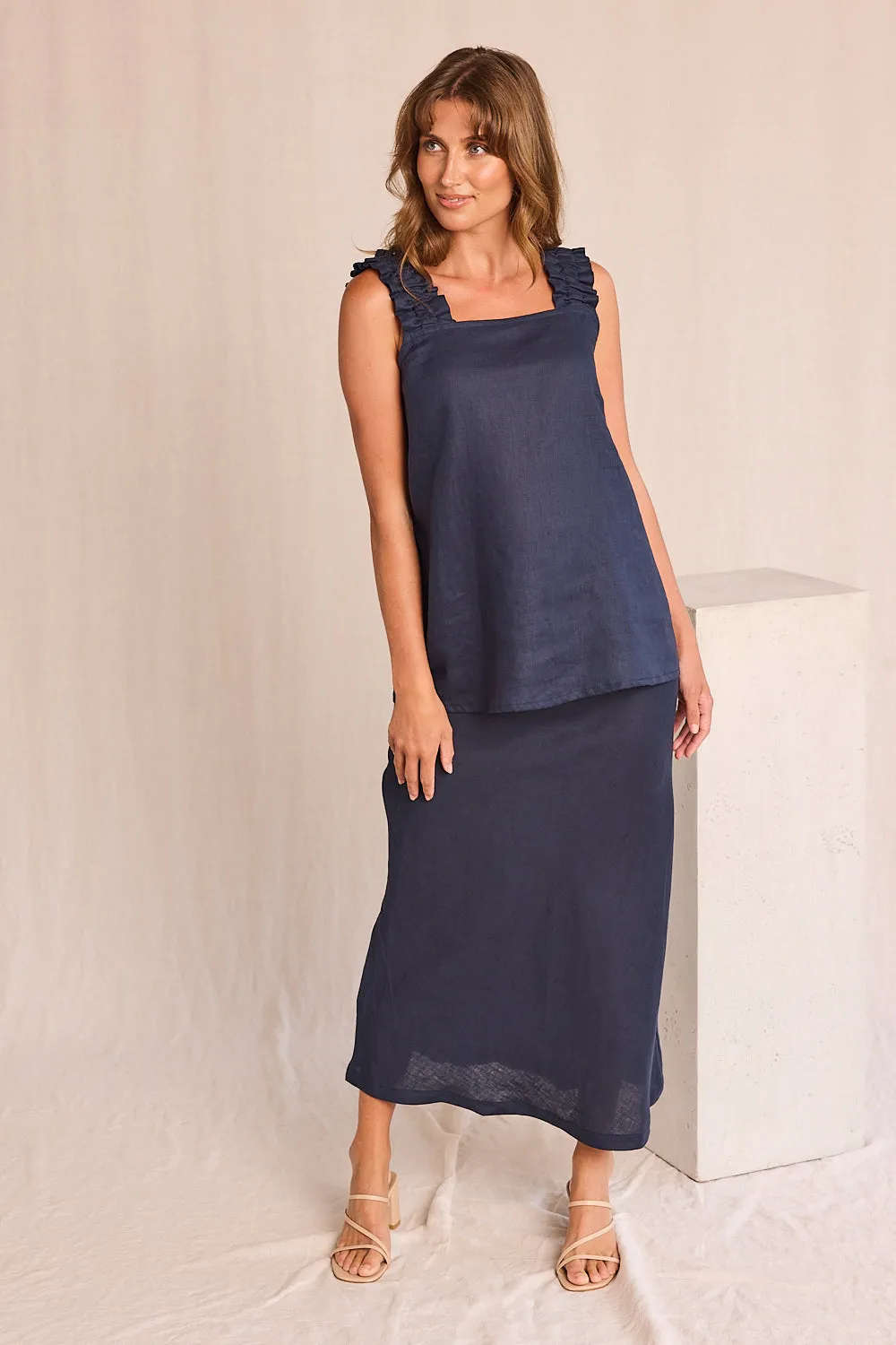 Drawstring closure Katie Bias Cut Linen Skirt in Navy