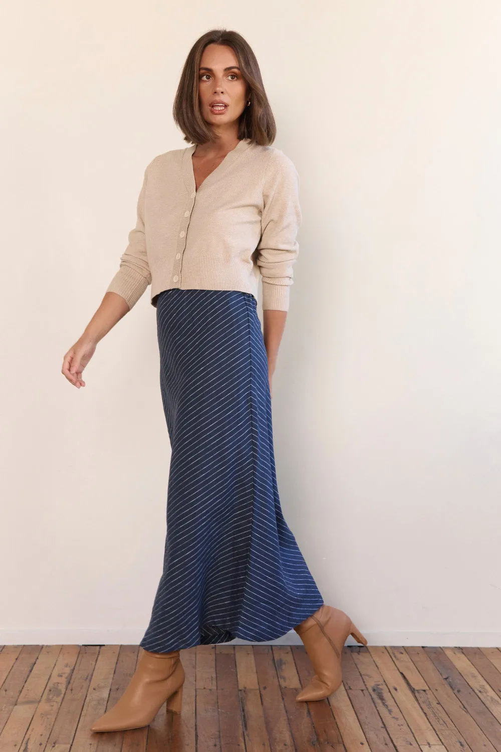 Katie Bias Cut Linen Skirt in Pinstripe Bold Cut Cool Tone