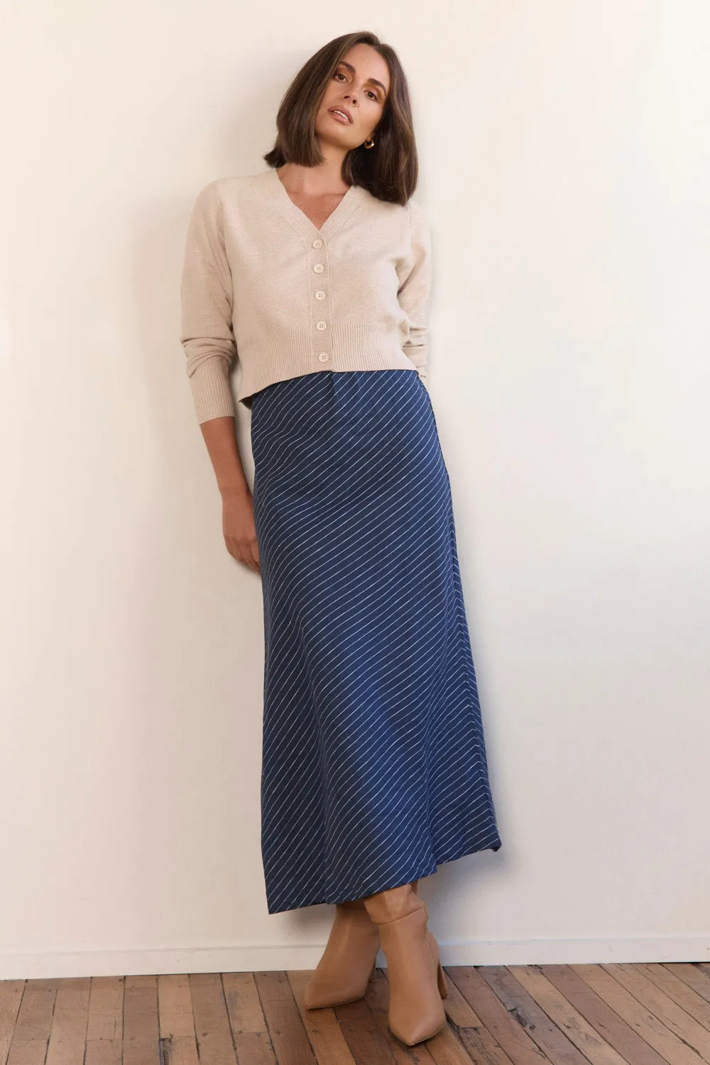 Delicate Texture Exclusive Drop Katie Bias Cut Linen Skirt in Pinstripe