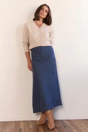 Delicate Texture Exclusive Drop Katie Bias Cut Linen Skirt in Pinstripe