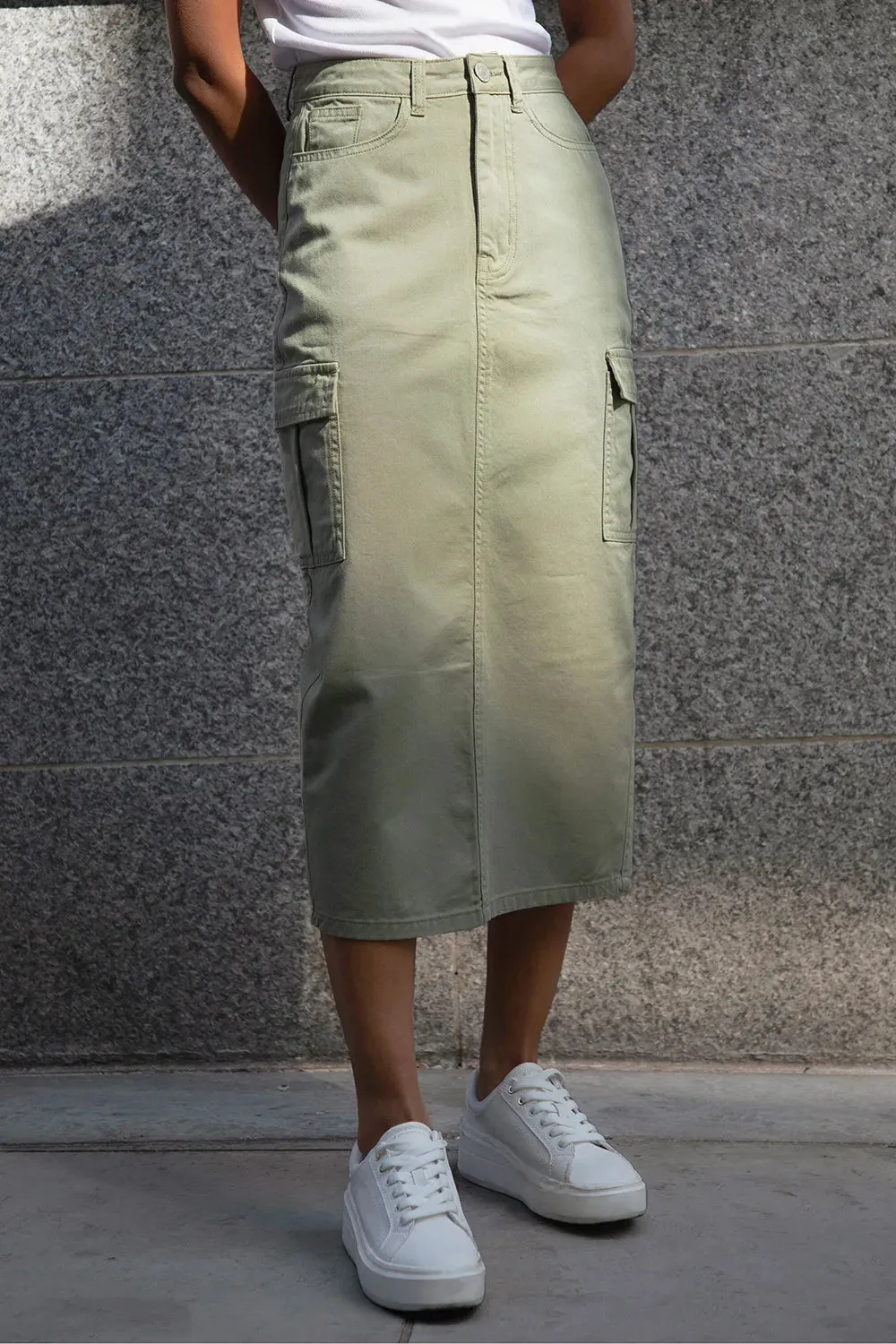 Laidback Feel Light Touch Khaki Cargo Midi Pencil Skirt