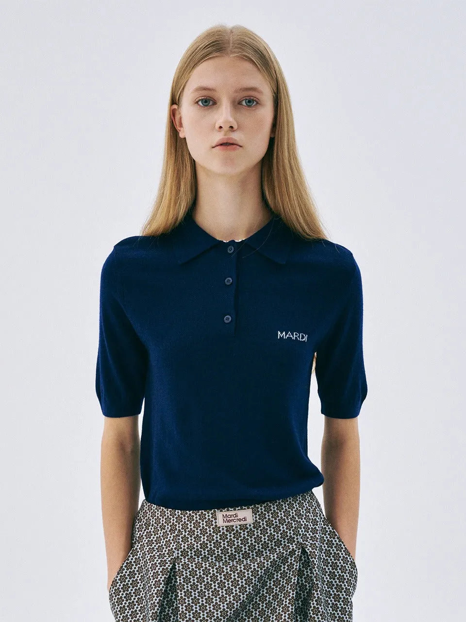 KNIT SLIMFIT SHIRT PIQUET_NAVY Temperature Regulating Lining Reinforced Neckline Stitching