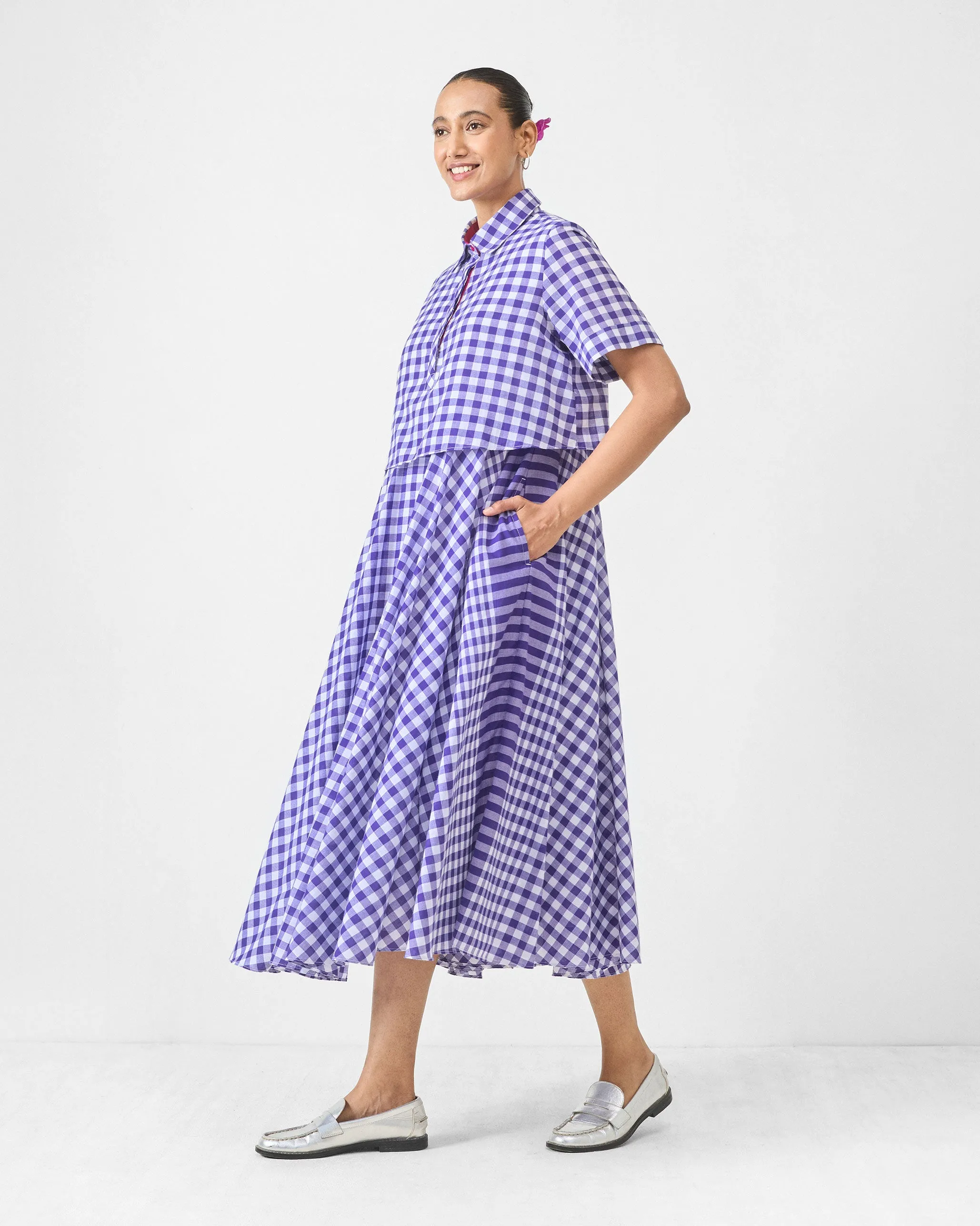 Kuro Dress - Purple & White Checks Glam Feel Easy Tones