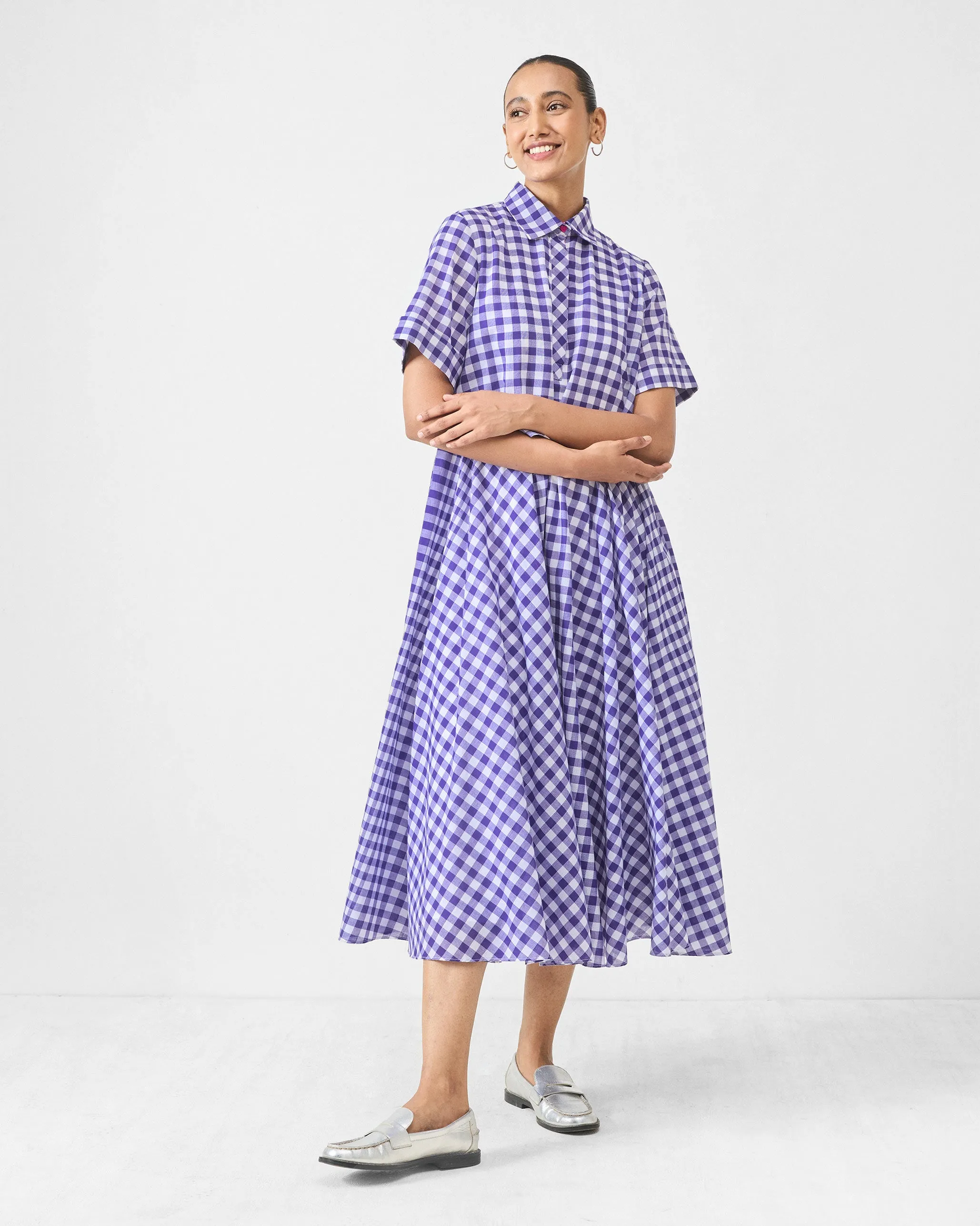Kuro Dress - Purple & White Checks Crisp Texture