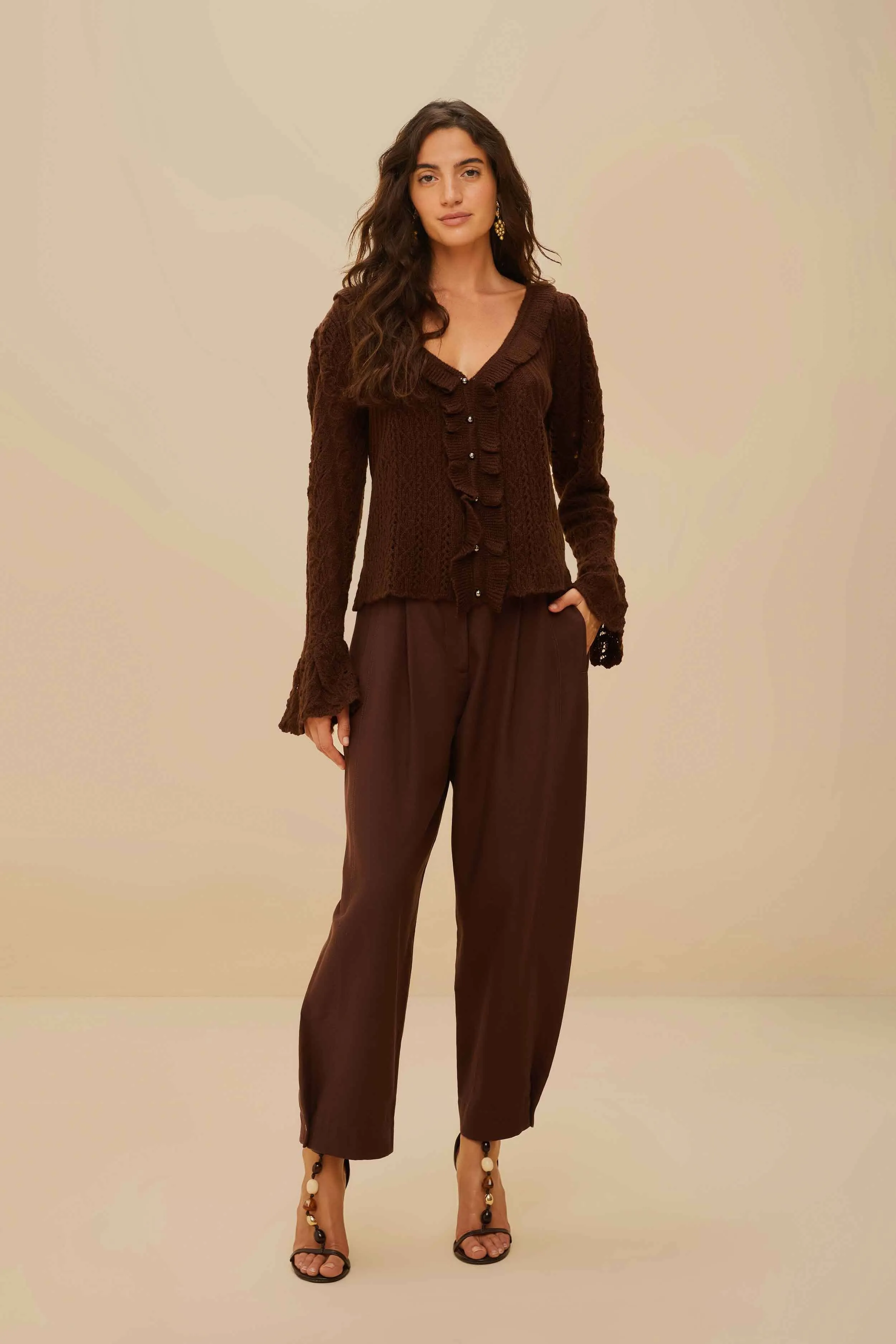 Lace Stitch Knit Ruffles Cardigan Versatile Layered Breathable mesh panel