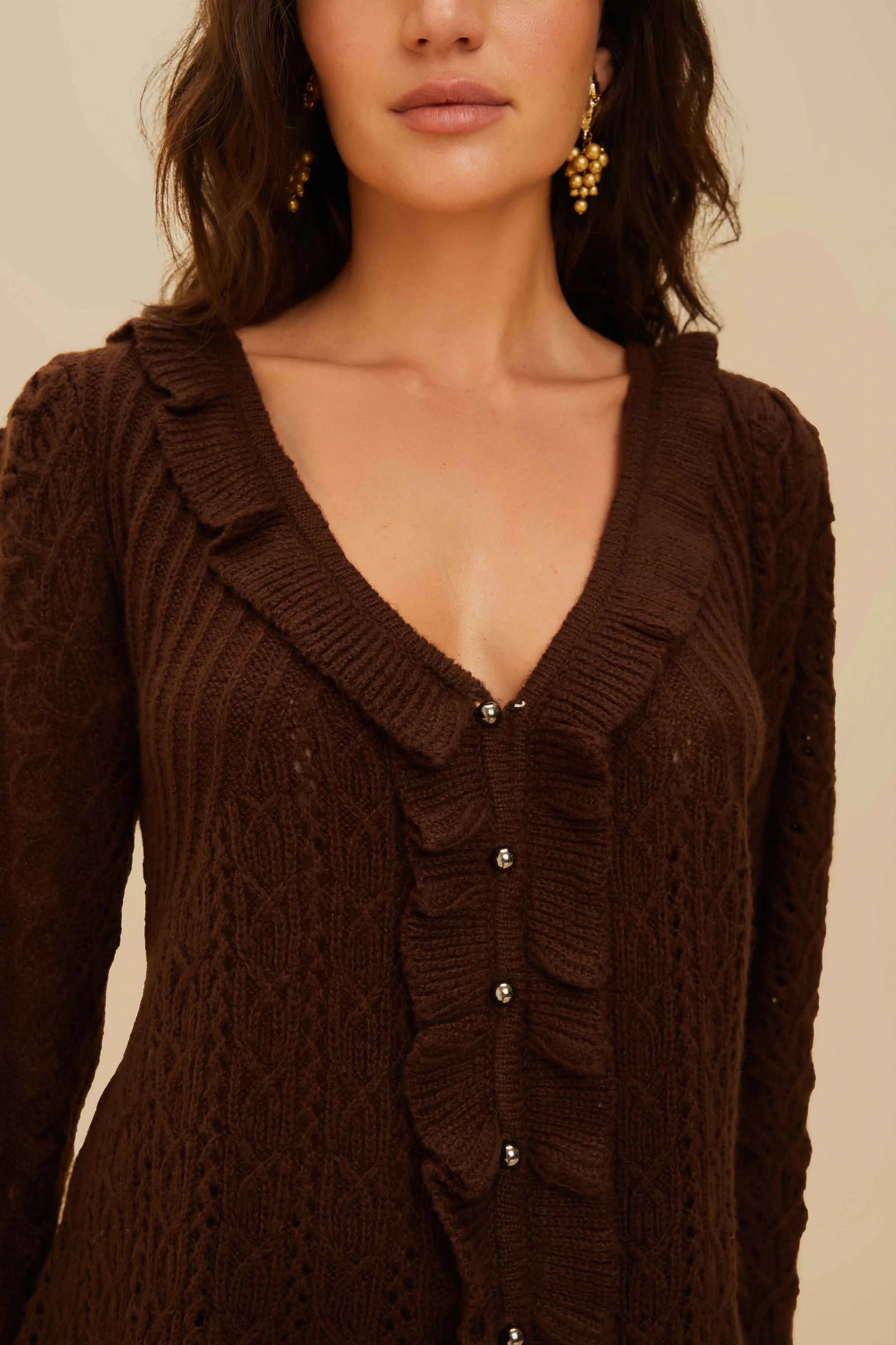 Rolled Cuffs Lace Stitch Knit Ruffles Cardigan