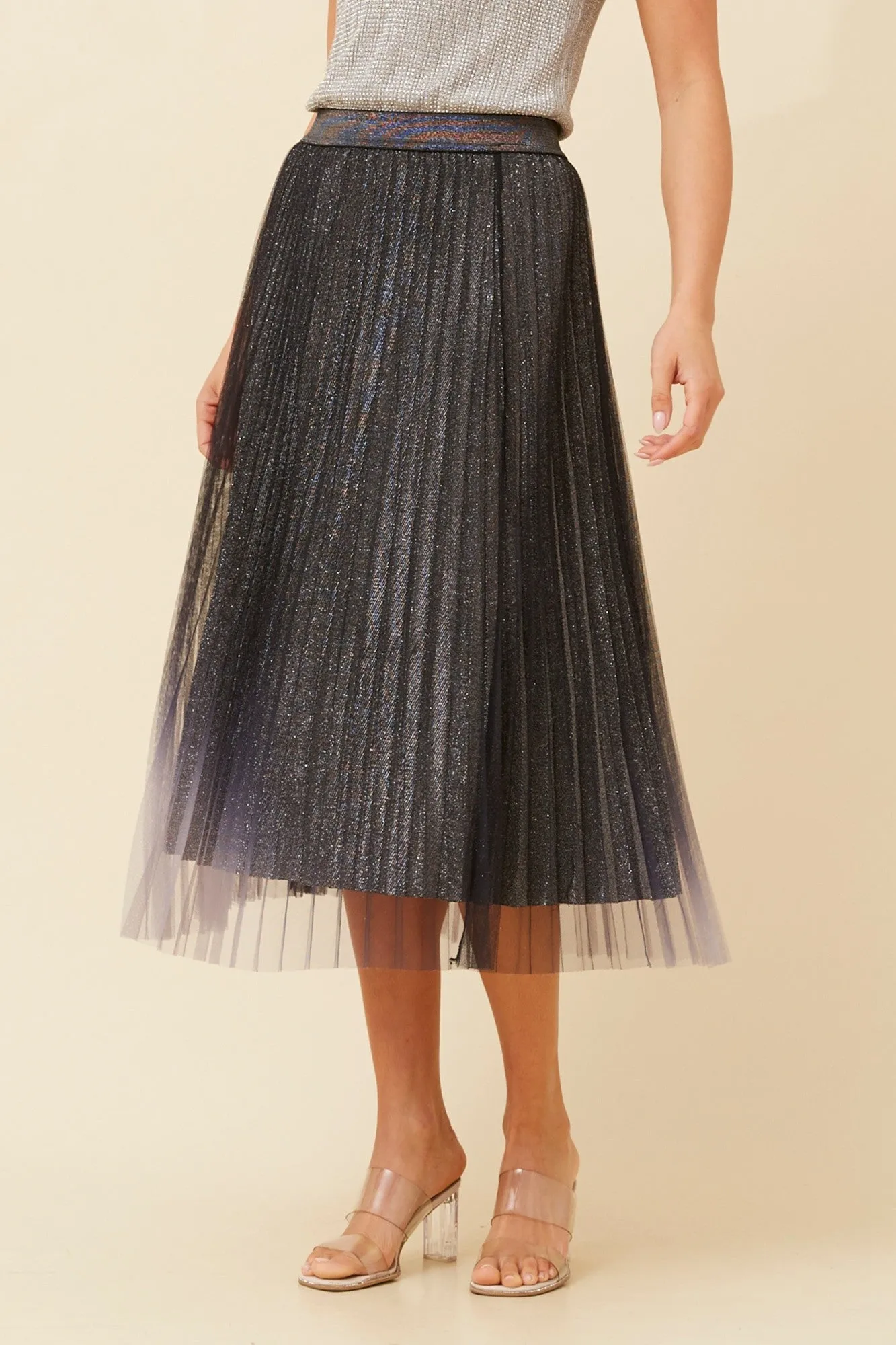 LANDON GLITTER PLEATED SKIRT Side Slit Double Stitched
