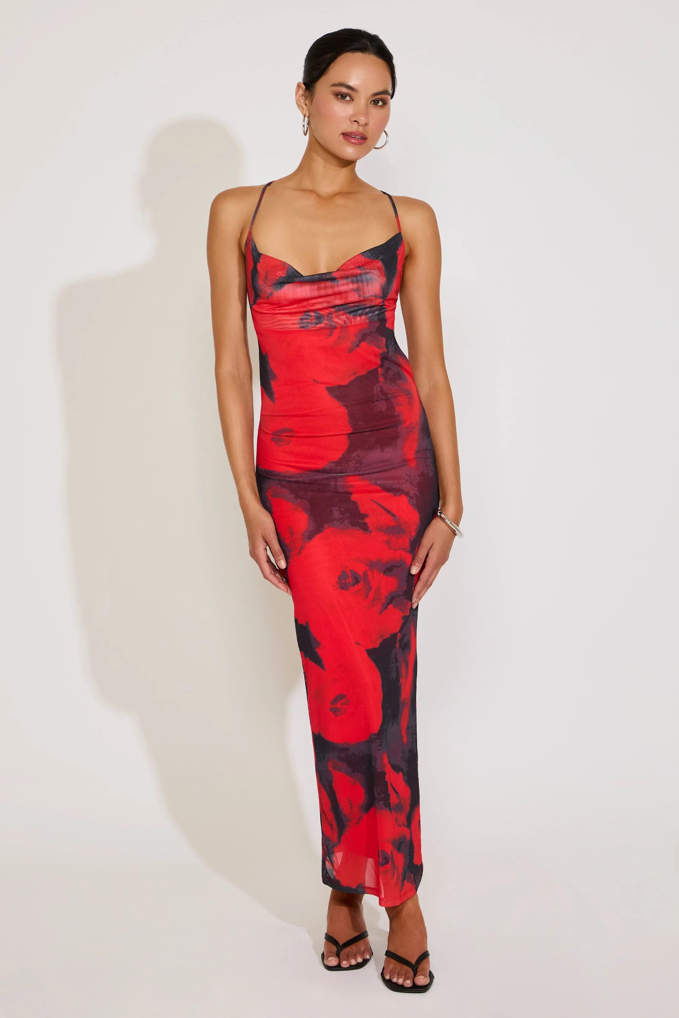 LARGE ROSE PRINT CROSS BACK COWLED MAXI DRESS Resort Ready Pure Fabric